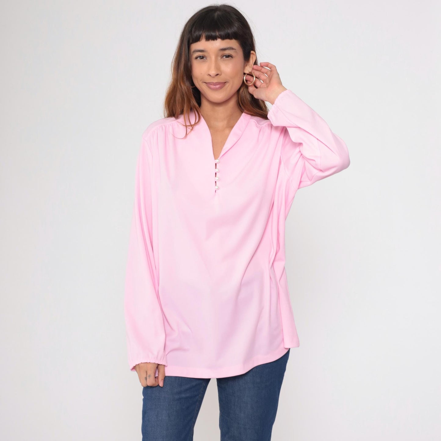 70s Pink Pearl Button Collared Blouse Gathered Shoulders Extra Large