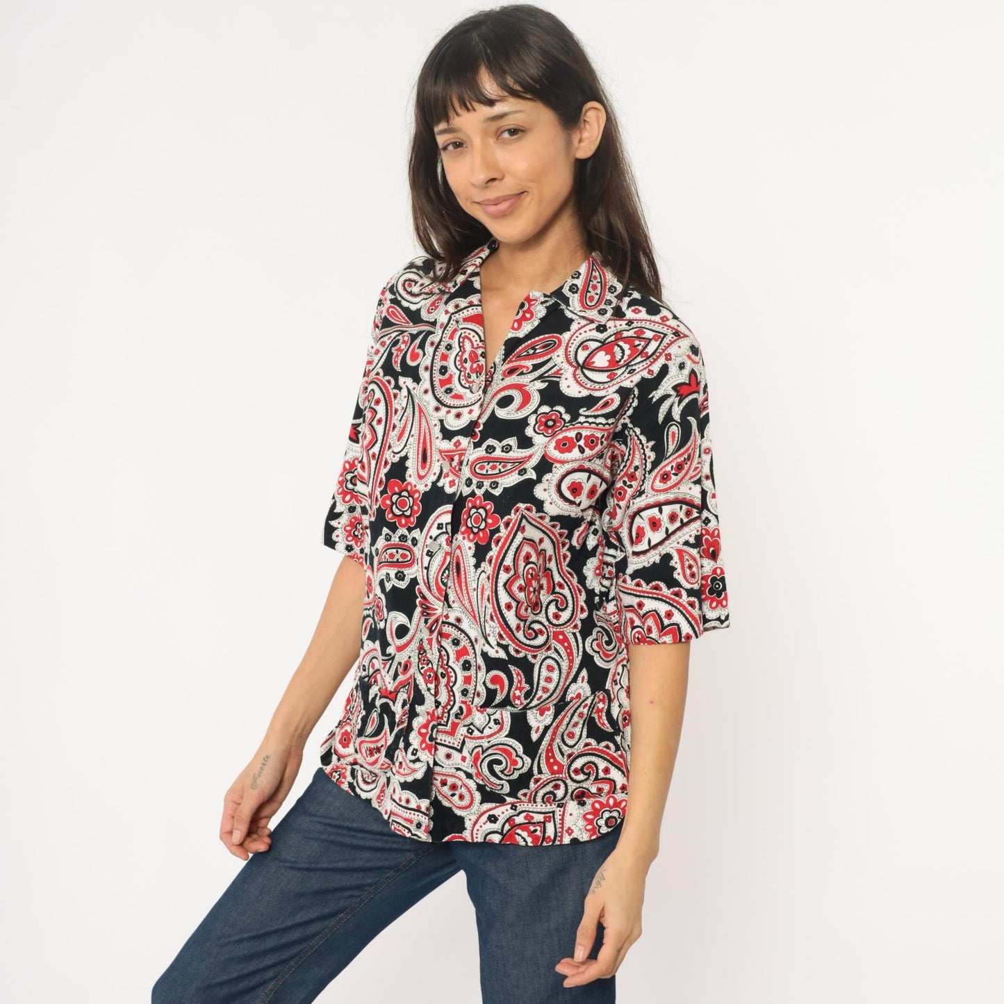70s Jean Marie Paisley Button-Up Shirt Black Red White Medium