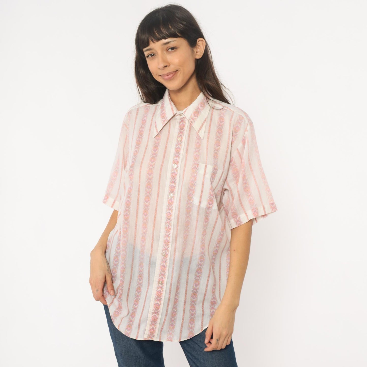 70s Campus Pink Striped Paisley Button-Down Blouse Pointed Collar Large L