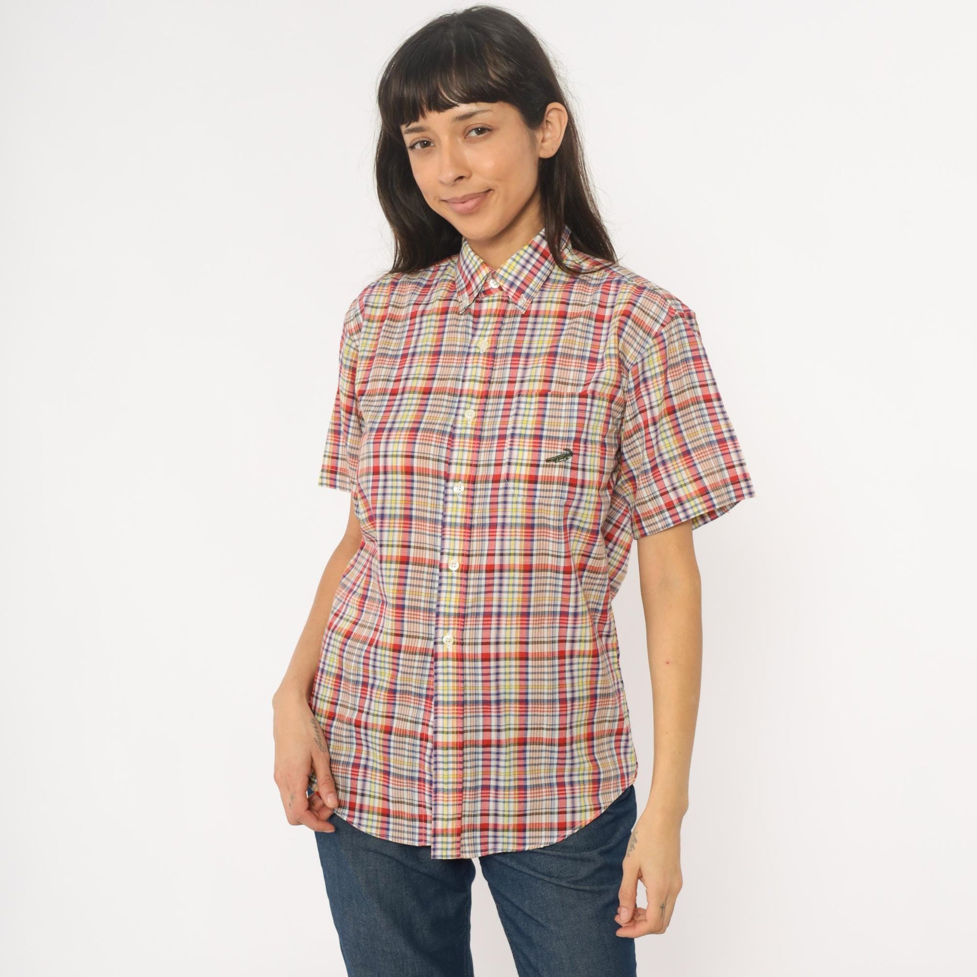 90s Multicolor Plaid Button-Up Shirt Cotton Short Sleeve Small S