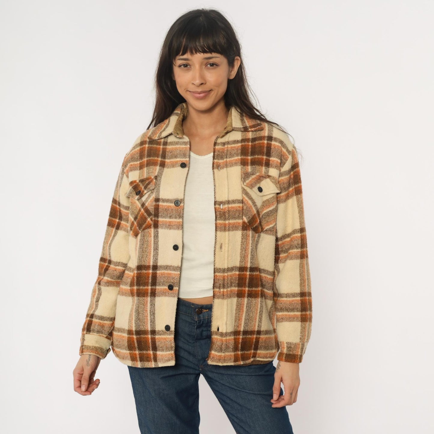 70s Briarcliff Plaid Flannel Shirt Cream Brown Cotton Blend Lined Medium