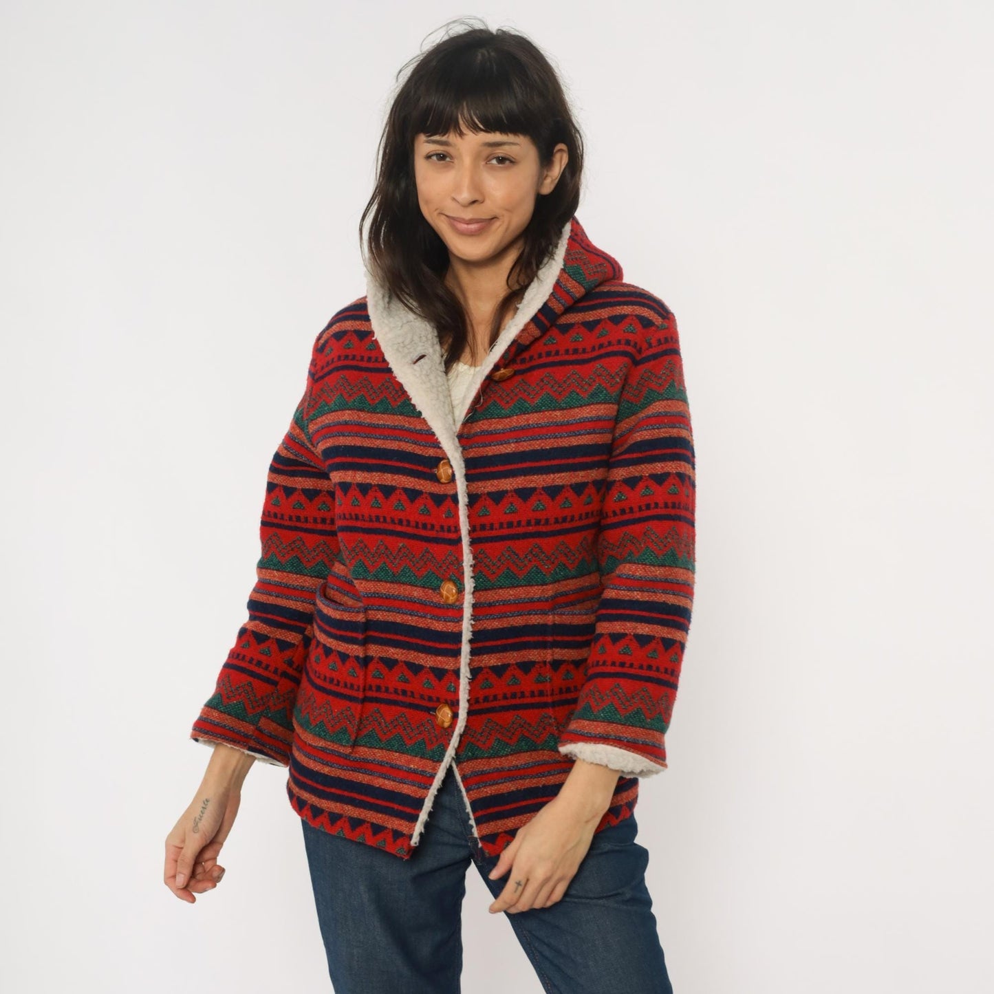 70s Southwestern Hooded Jacket Aztec Pattern Red Navy Orange Wool Blend Extra Small XS