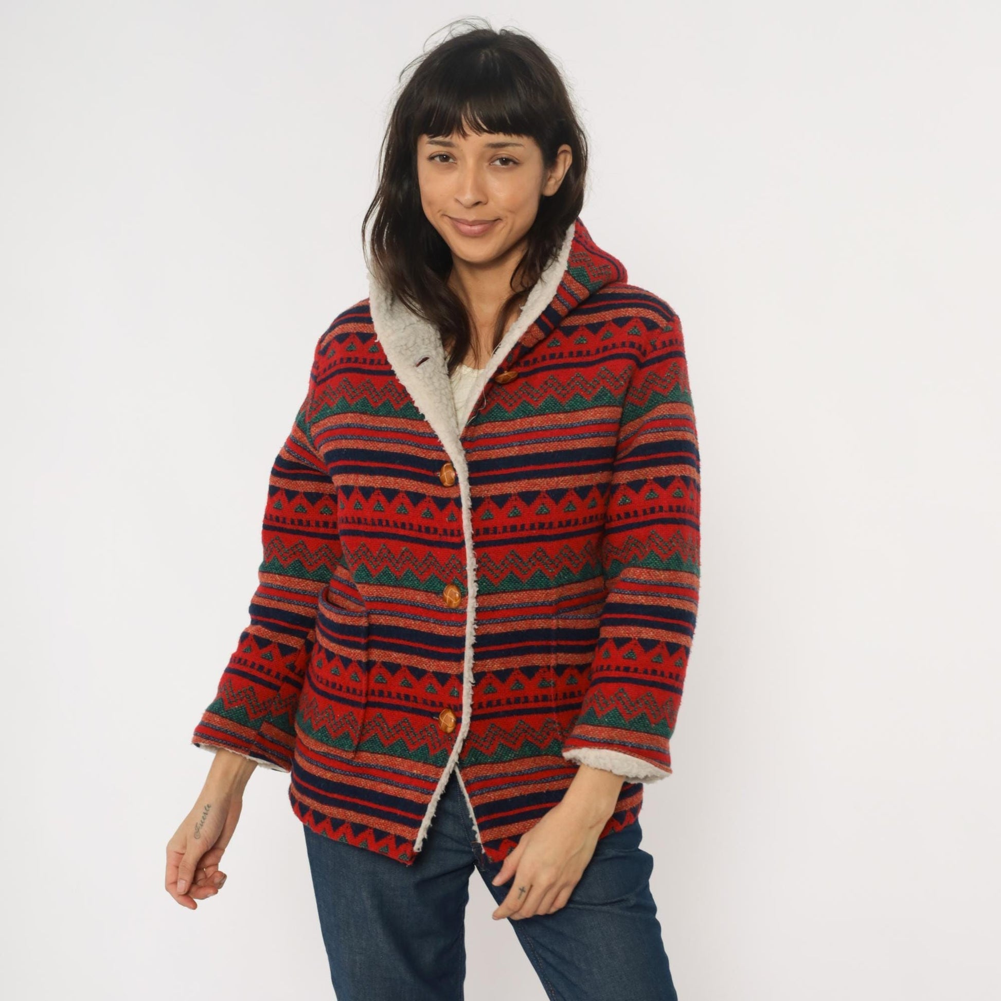 70s Southwestern Hooded Jacket Aztec Pattern Red Navy Orange Wool Blend Extra Small XS