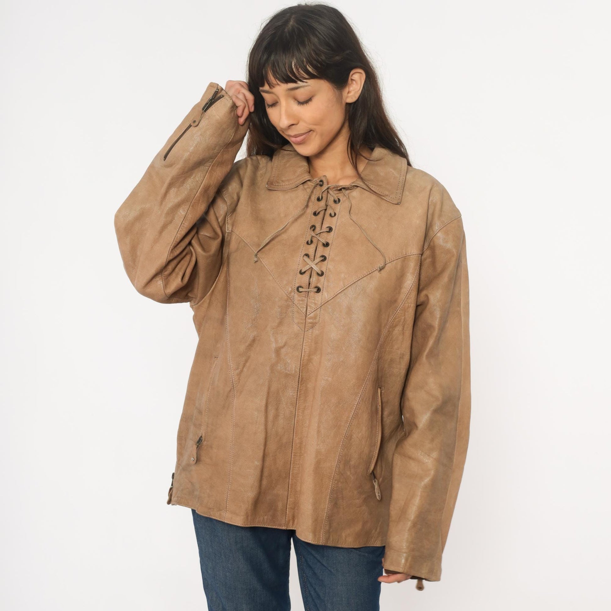 70s Yukon Jack Leather Jacket Tan Lace-Up Western Collar Extra Large XL