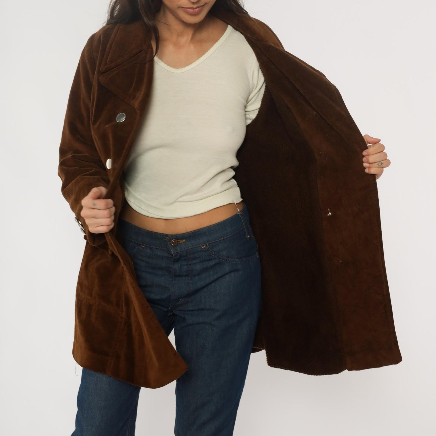 70s Chocolate Brown Corduroy Coat Double Breasted Knee Length Fleece Lined Medium