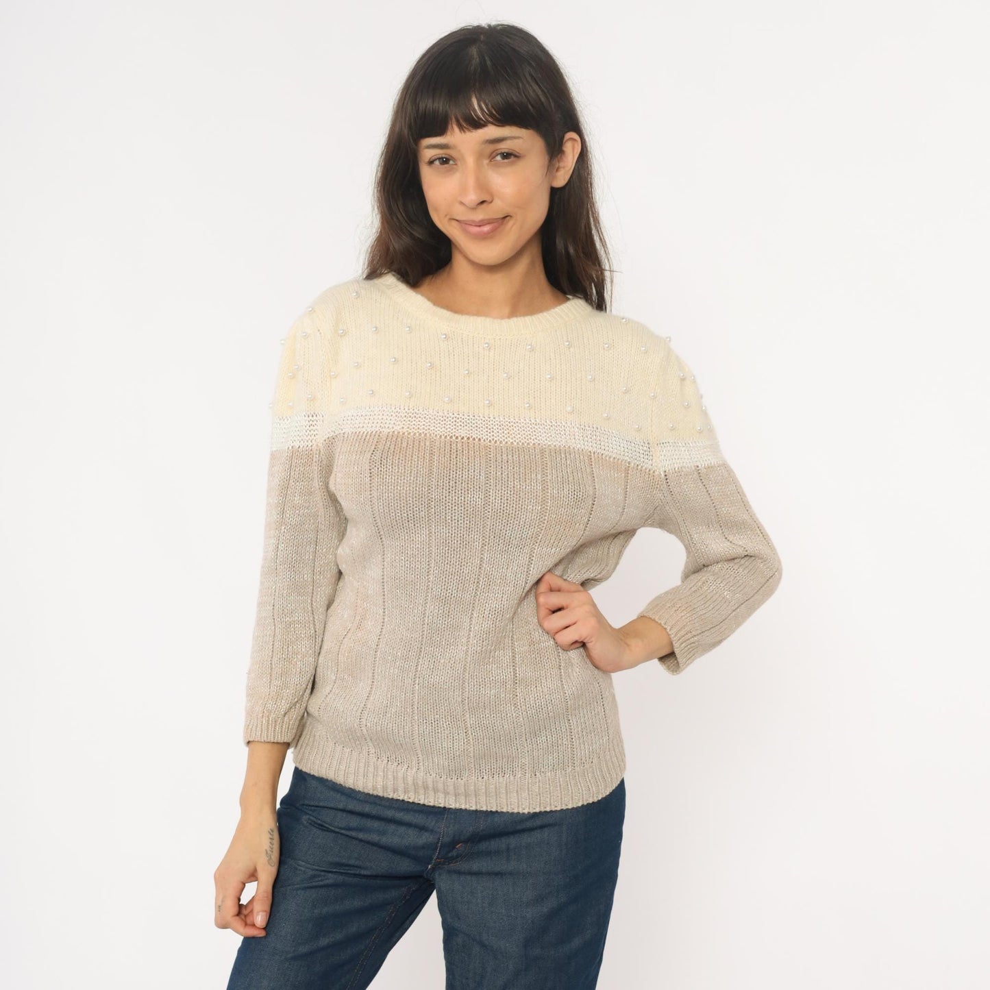 80s Lloyd Williams Beaded Colorblock Sweater Cream Beige Pearl Large