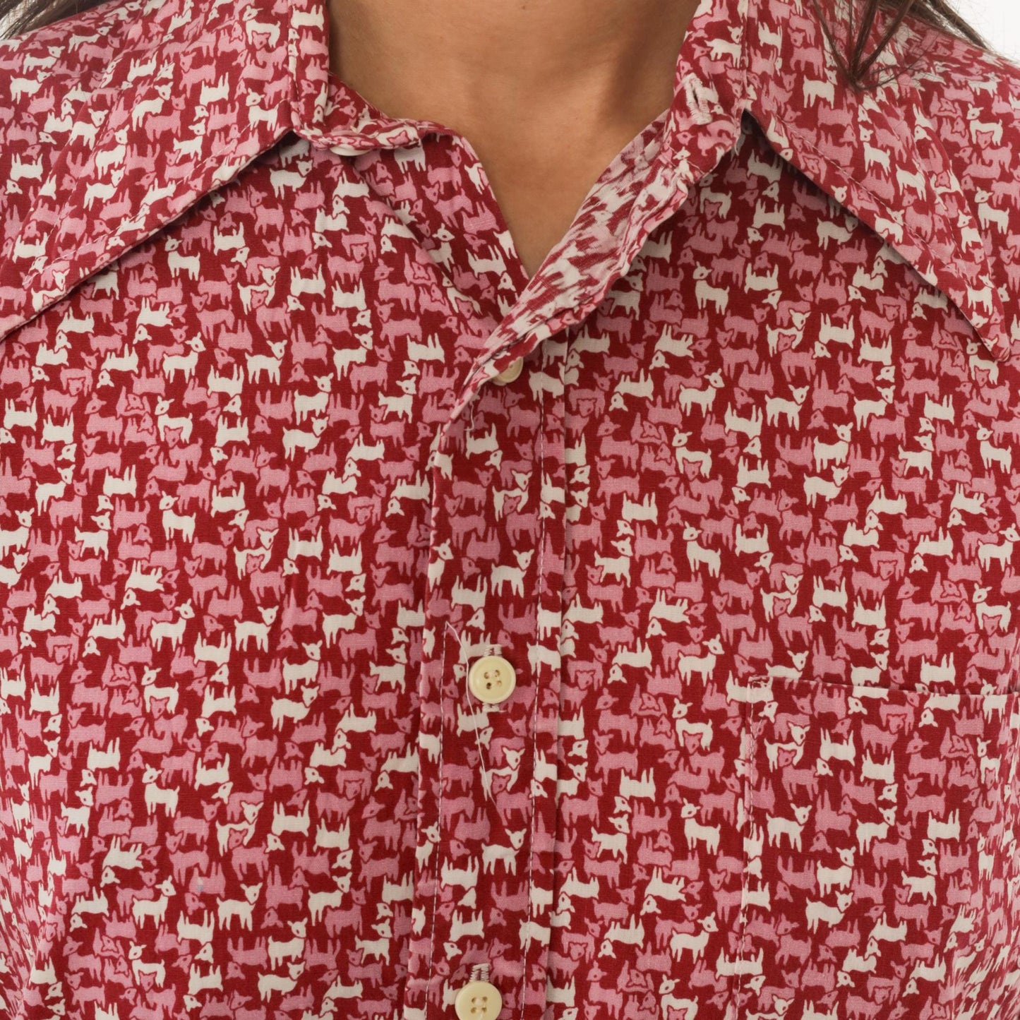 70s Van Heusen Lamb Print Button-Up Blouse Red Cream Pointed Collar Large L