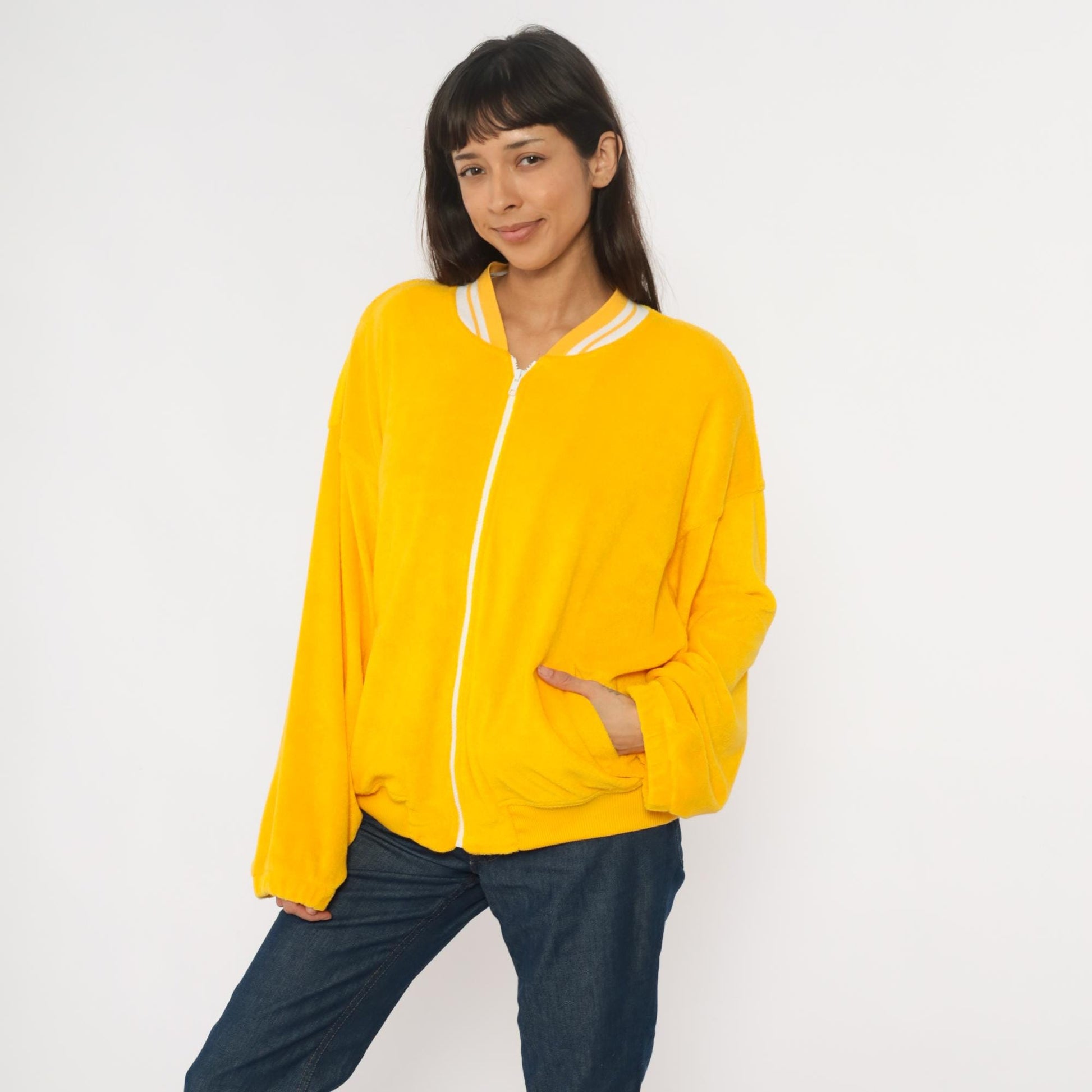 80s CA Sport Terrycloth Zip Jacket Compass Embroidered Yellow Plus Size XXL