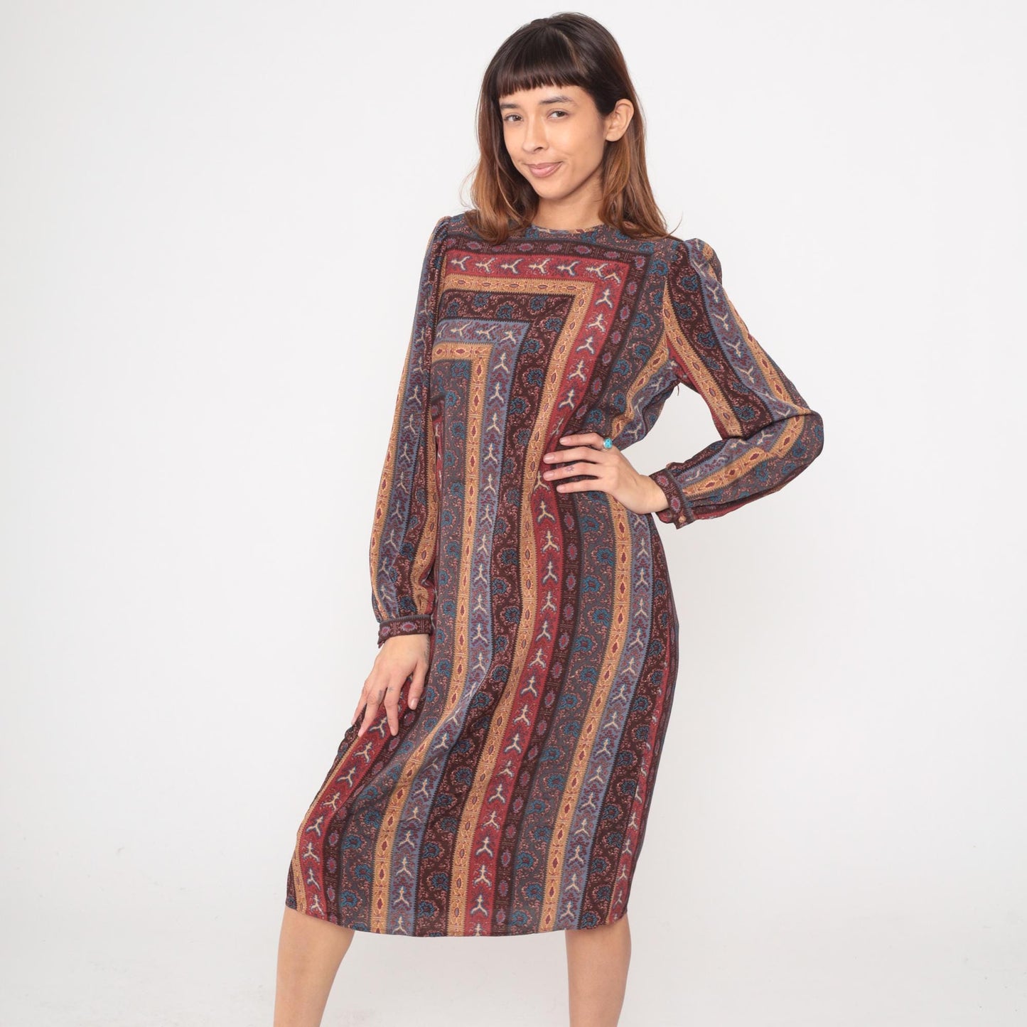 80s Leslie Fay Geometric Midi Dress Long Sleeve Burgundy Teal Medium