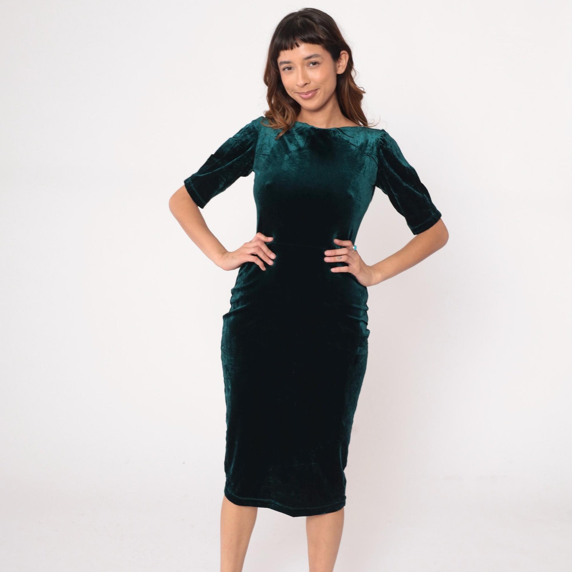 90s Style Camp Emerald Velvet Midi Dress Boat Neck Medium M