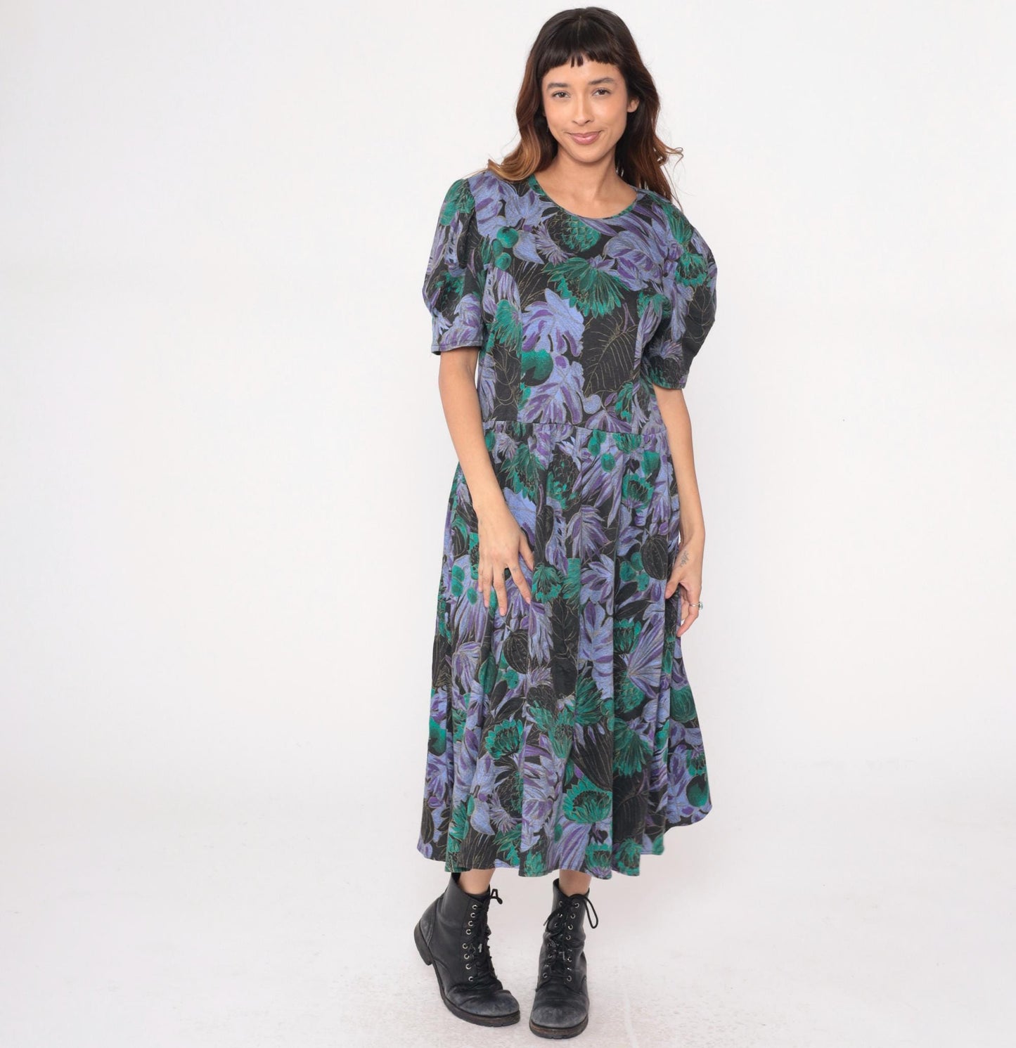 90s Scandels Black Floral Maxi Dress Purple Green Puff Sleeve Drop Waist Medium