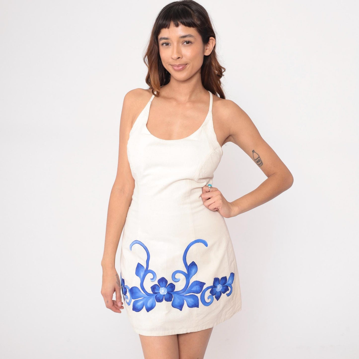 Y2K Nora Chavez White Mini Dress Blue Floral Halter Lace-Up Medium