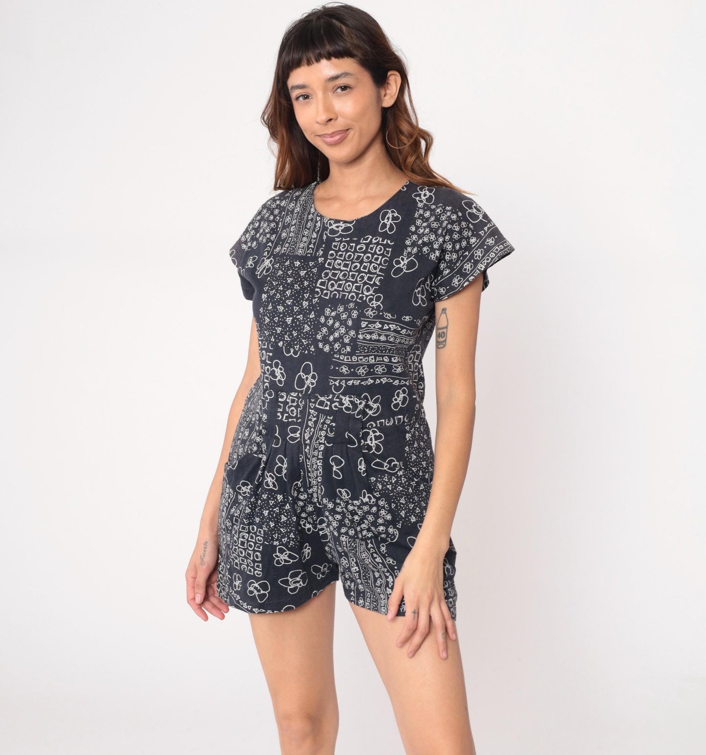 90s Black Bandana Floral Romper Cotton Scoop Neck Short Sleeve Playsuit Large