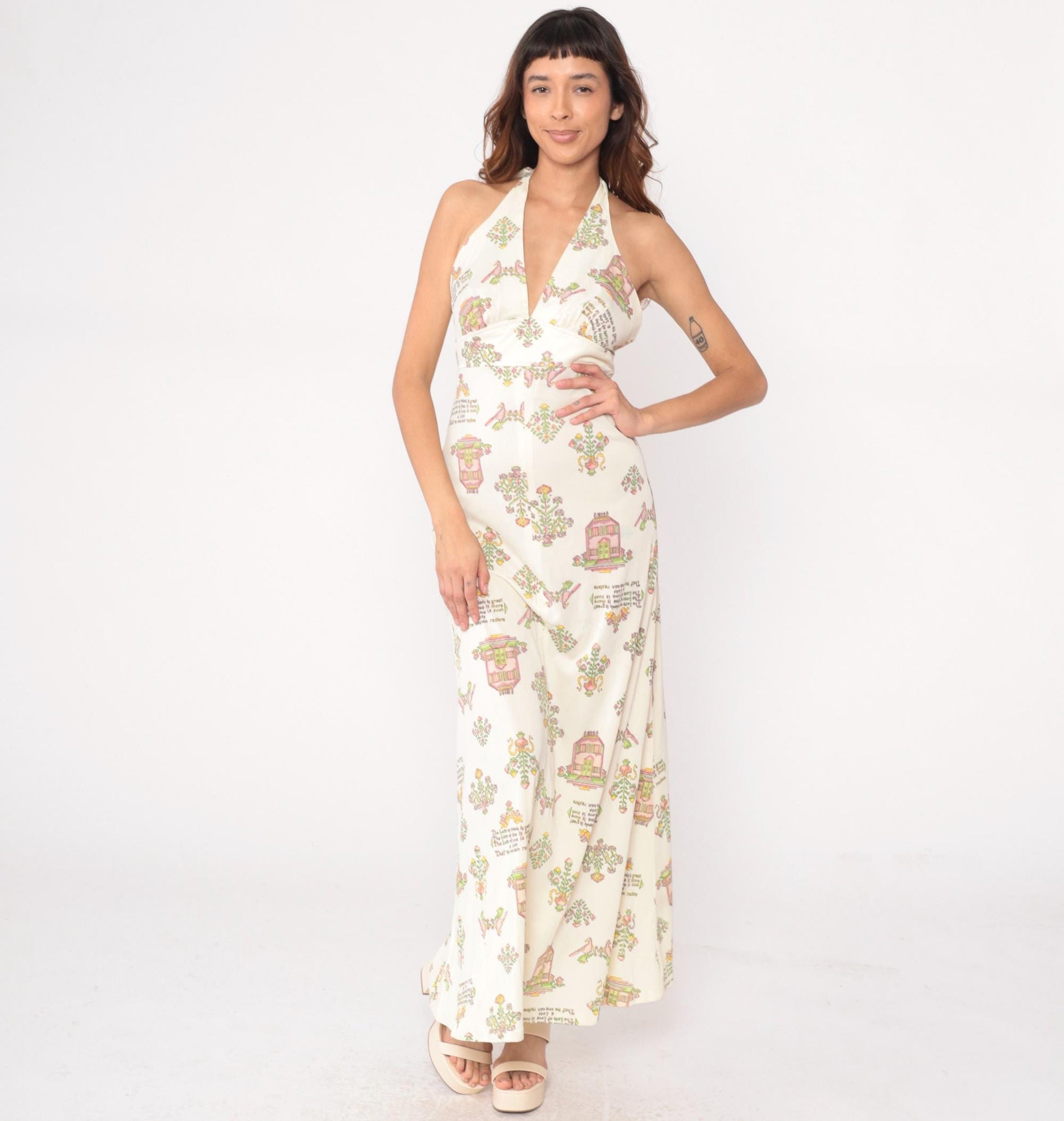 70s White Halter Maxi Dress Novelty Print Open Back Empire Waist Medium
