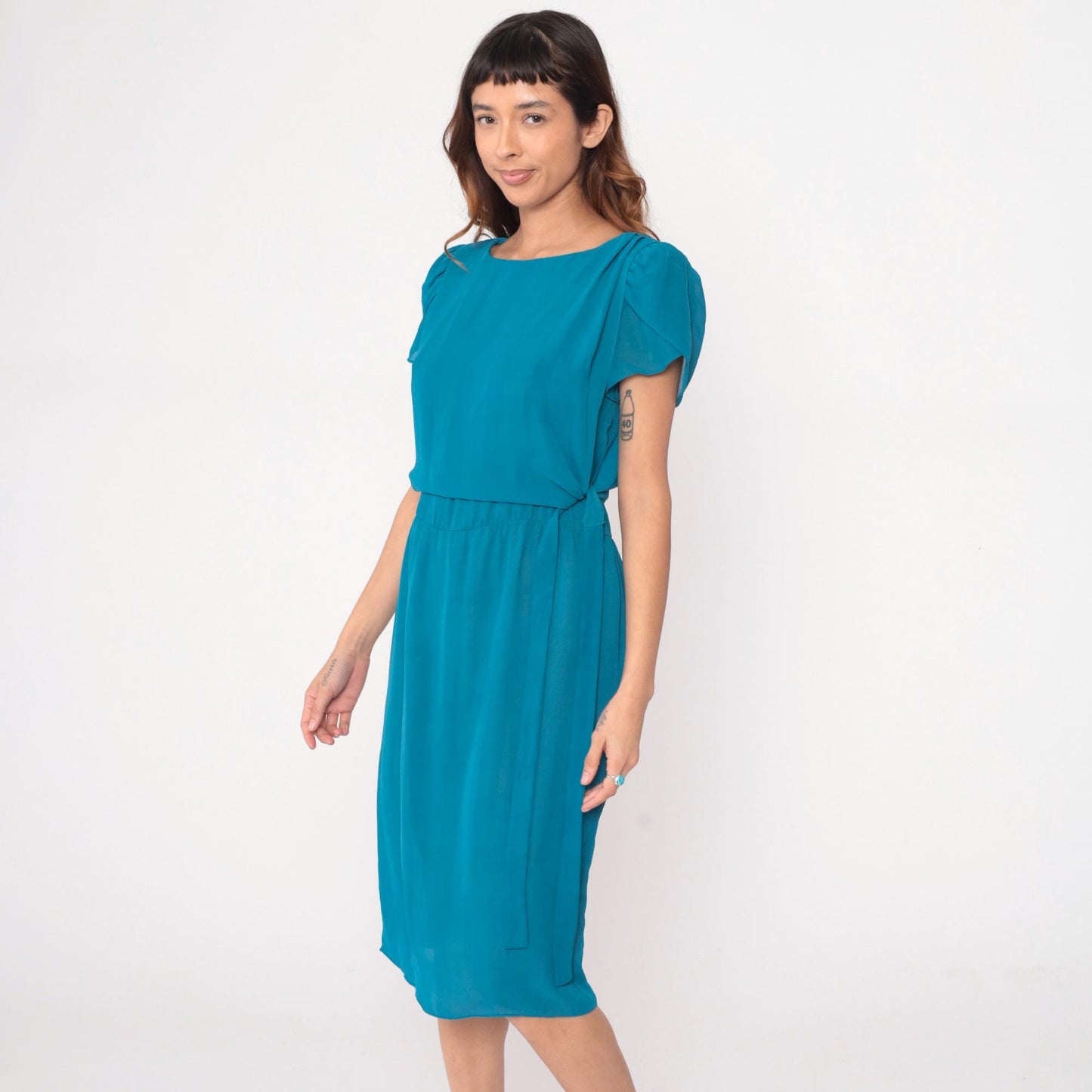 80s Alison Peters Teal Puff Sleeve Dress Boat Neck Tie Belt Knee-Length Small
