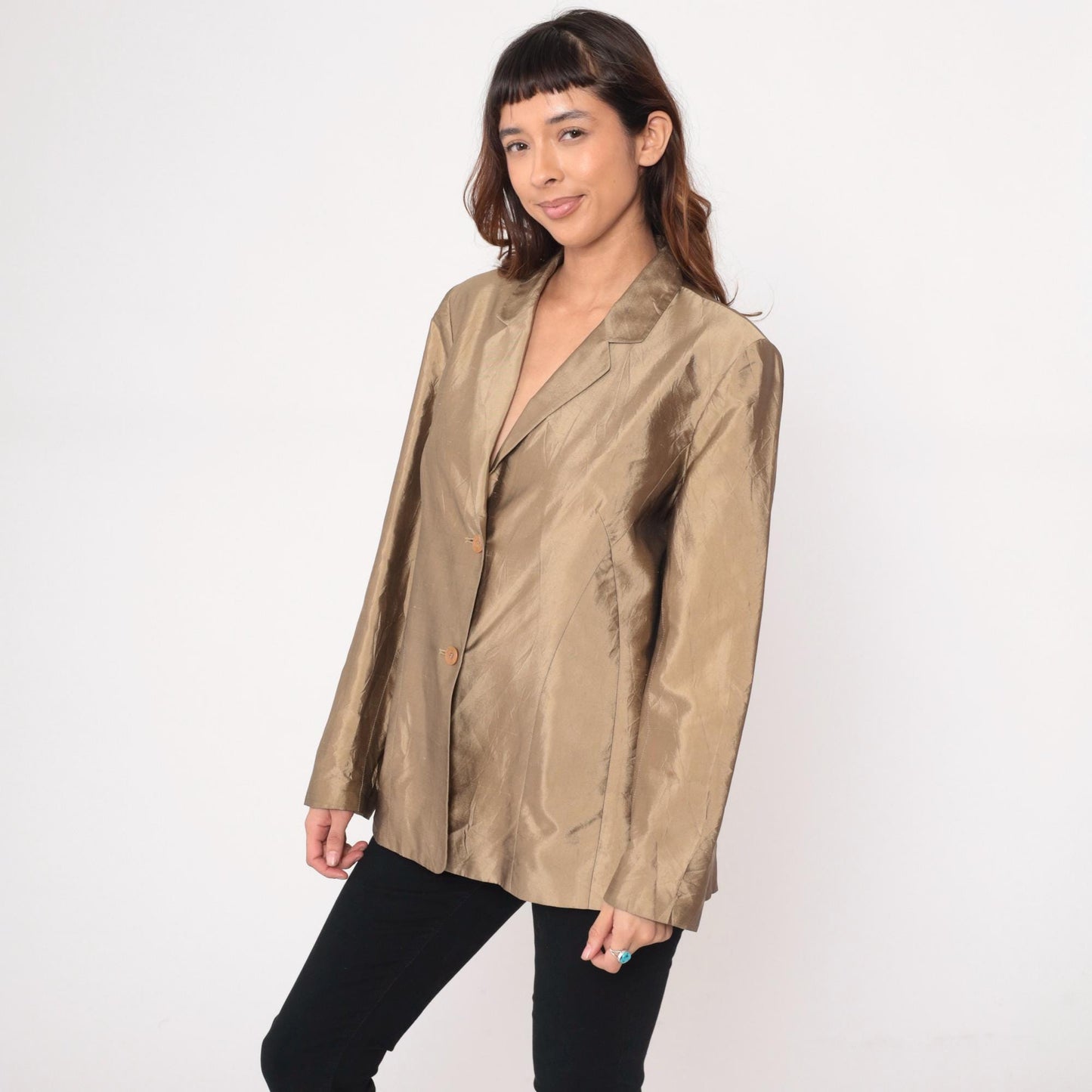 Y2K Ann Taylor Silk Blazer Tan Shawl Collar Two-Button Large L