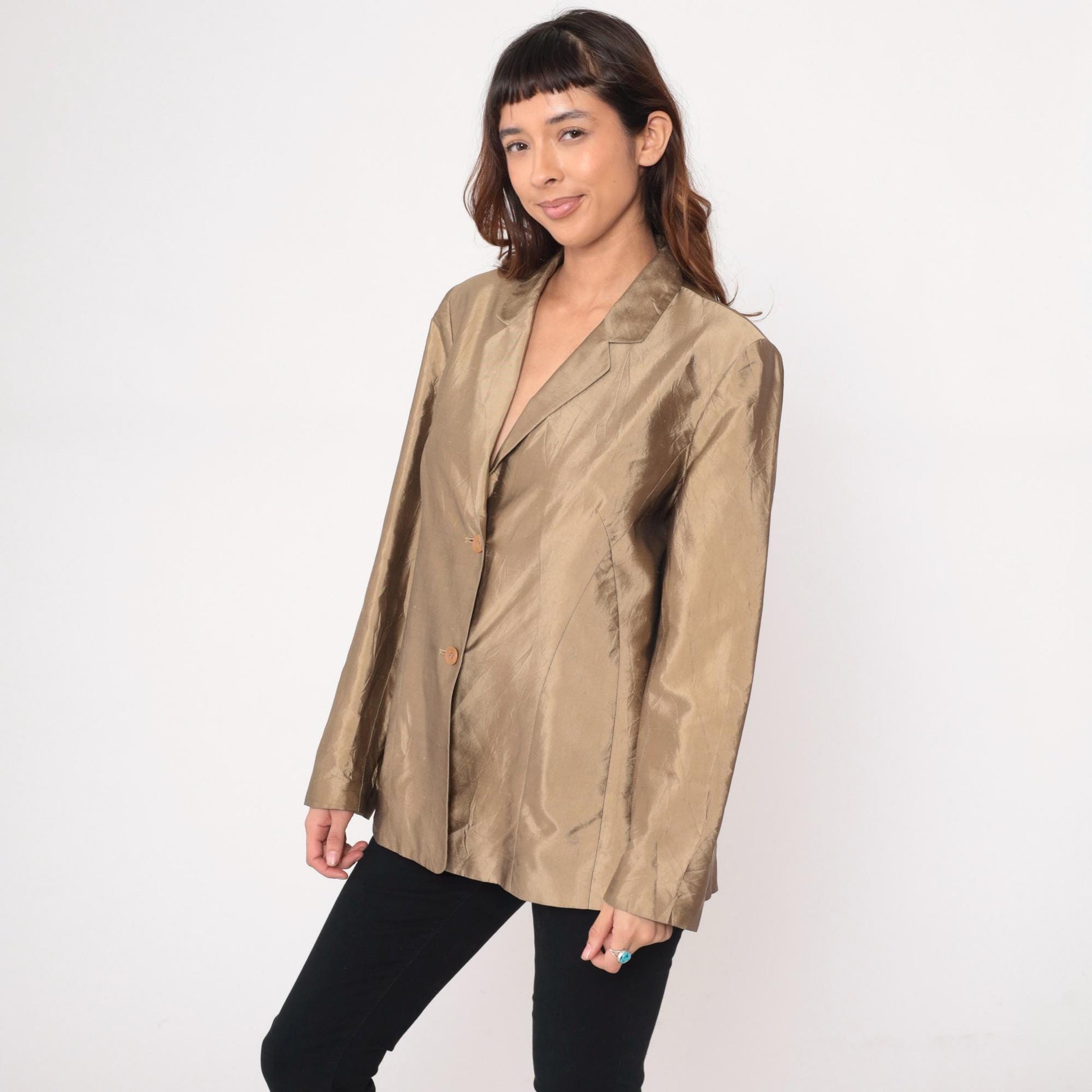 Y2K Ann Taylor Silk Blazer Tan Shawl Collar Two-Button Large L