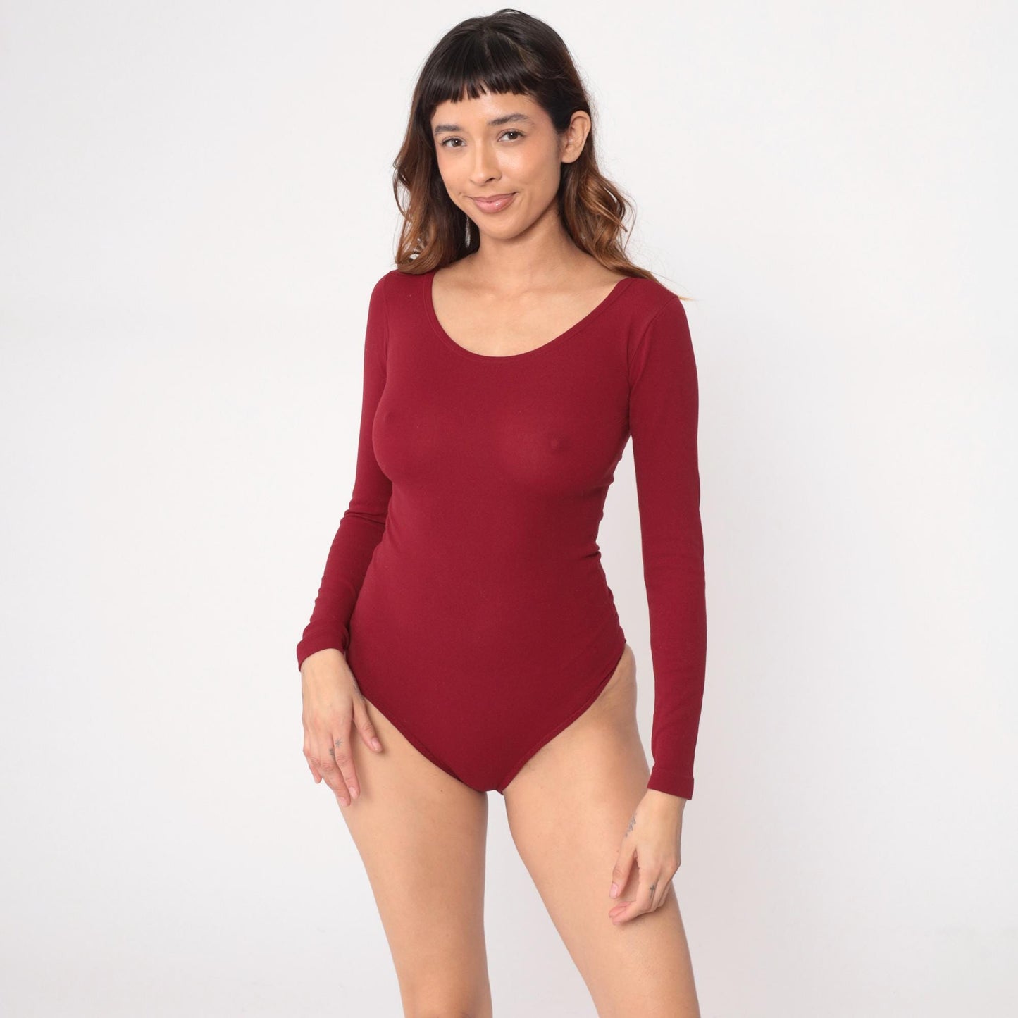 70s Burgundy Bodysuit Long Sleeve Scoop Neckline Snap Closure Small