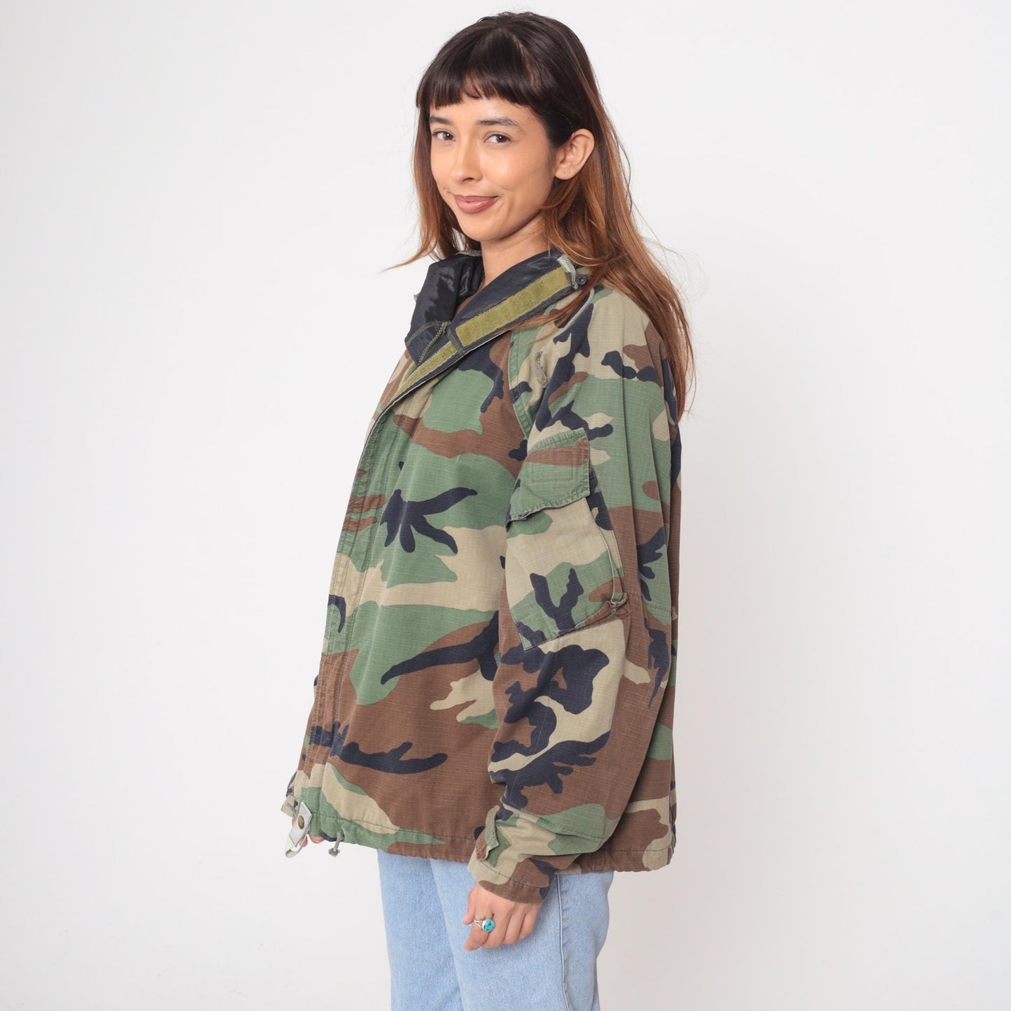 90s Woodland Camo Military Jacket Zip Hood Army Green Medium