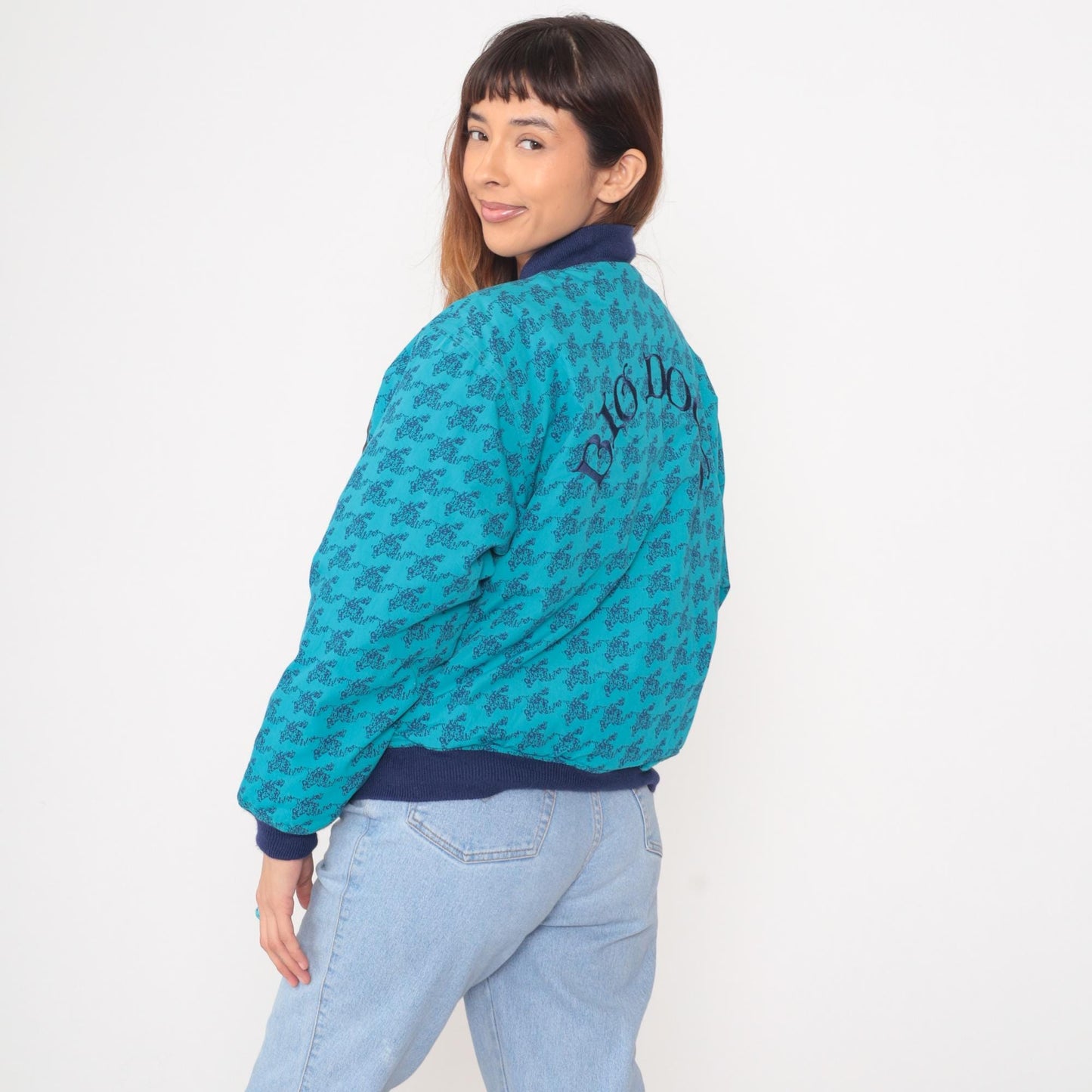 90s Big Dogs Bomber Jacket Turquoise Navy Ribbed Trim Dog Graphic Youth XL