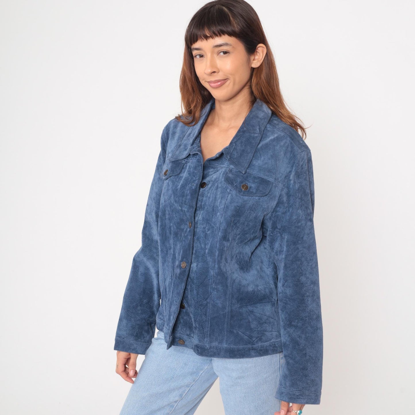 Y2K Blue Suede Jacket Collared Trucker Western Chest Pockets Extra Large
