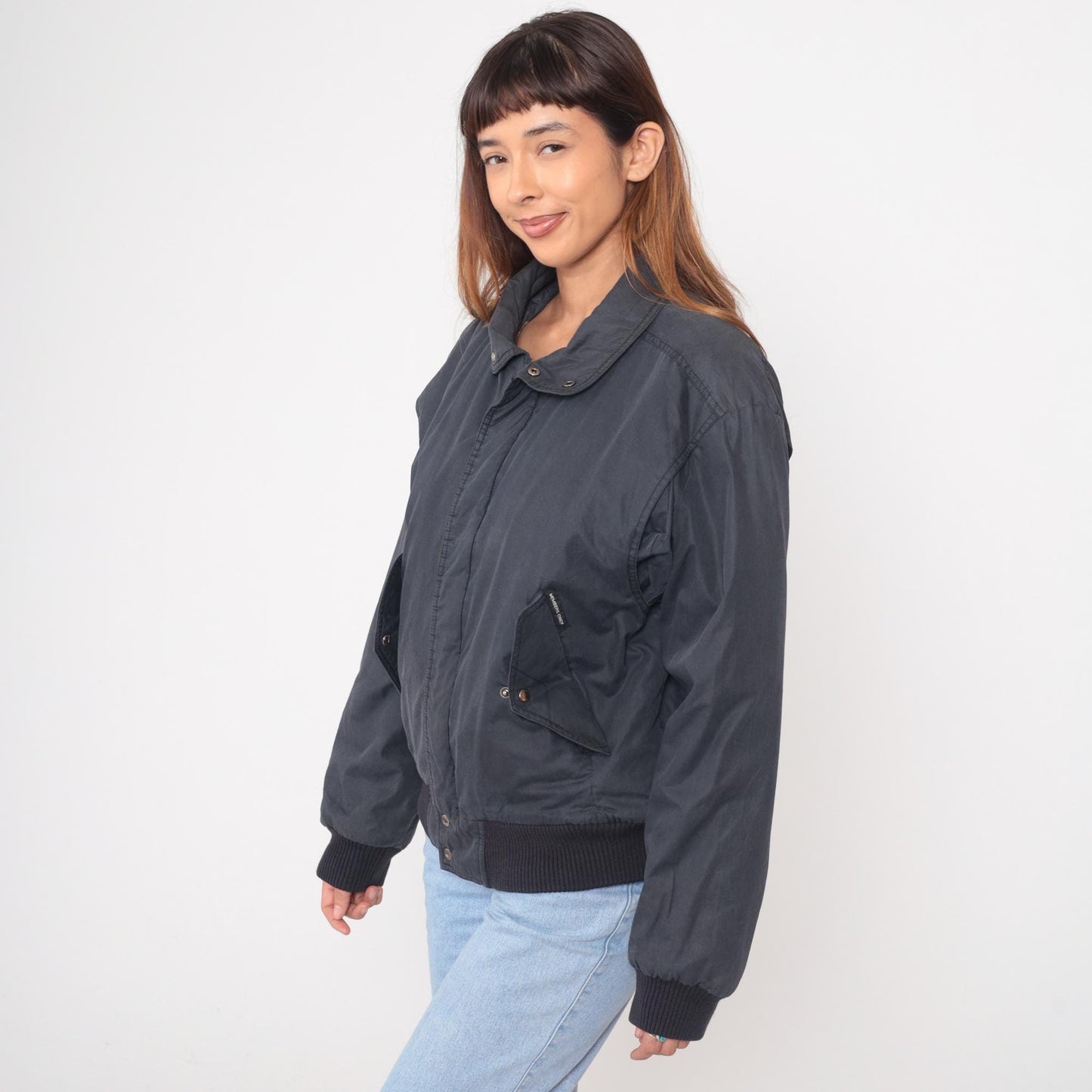 80s Members Only Bomber Jacket Black Raglan Snap Front Large