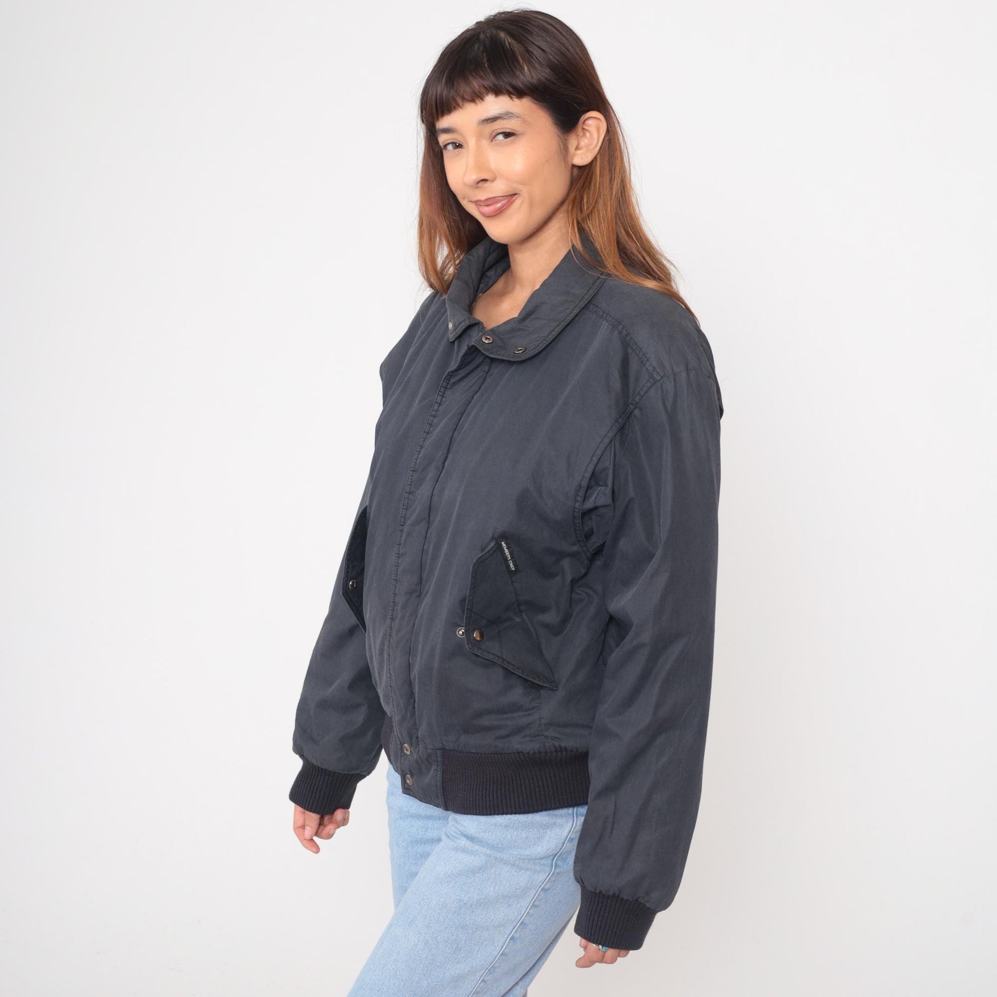 80s Members Only Bomber Jacket Black Raglan Snap Front Large