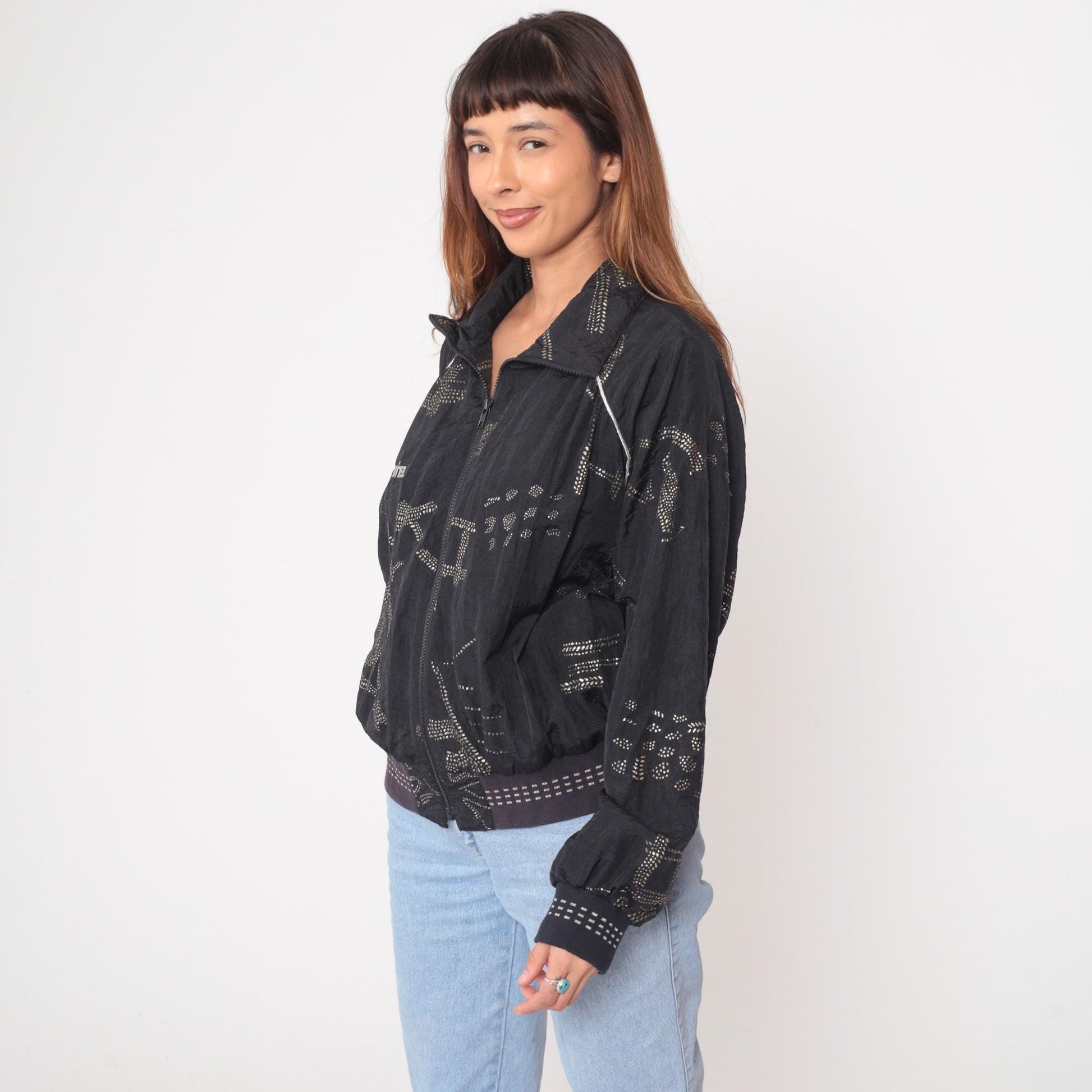 90s Lily's of Beverly Hills Black Glitter Nylon Track Jacket Extra Large XL