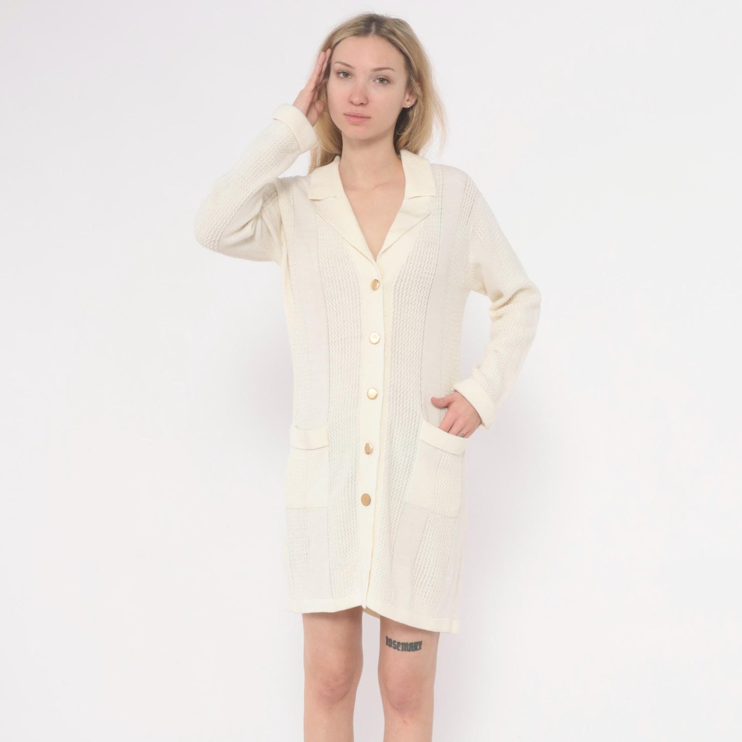 70s Cream Cable Knit Cardigan Dress Collared Button Front Large L