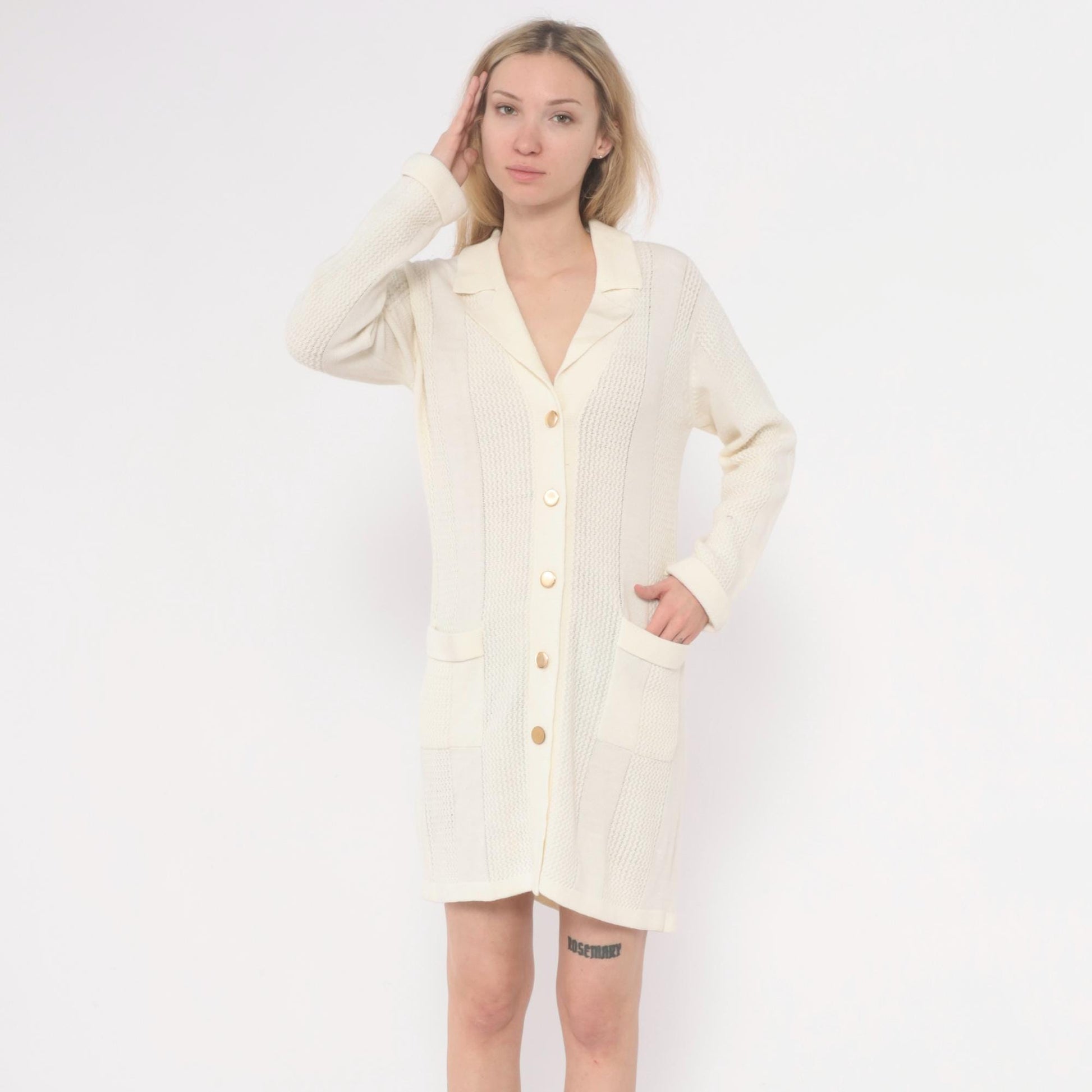 70s Cream Cable Knit Cardigan Dress Collared Button Front Large L