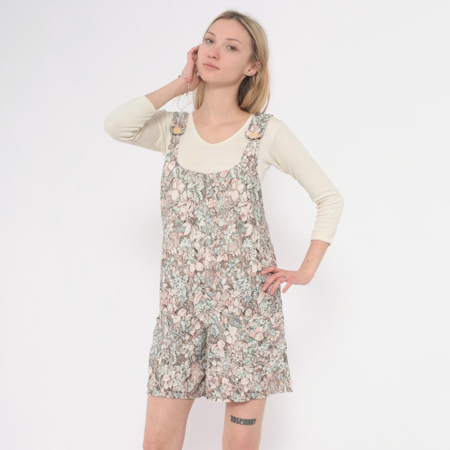 70s Floral Romper Pink Green Cream Scoop Neck Playsuit Small S