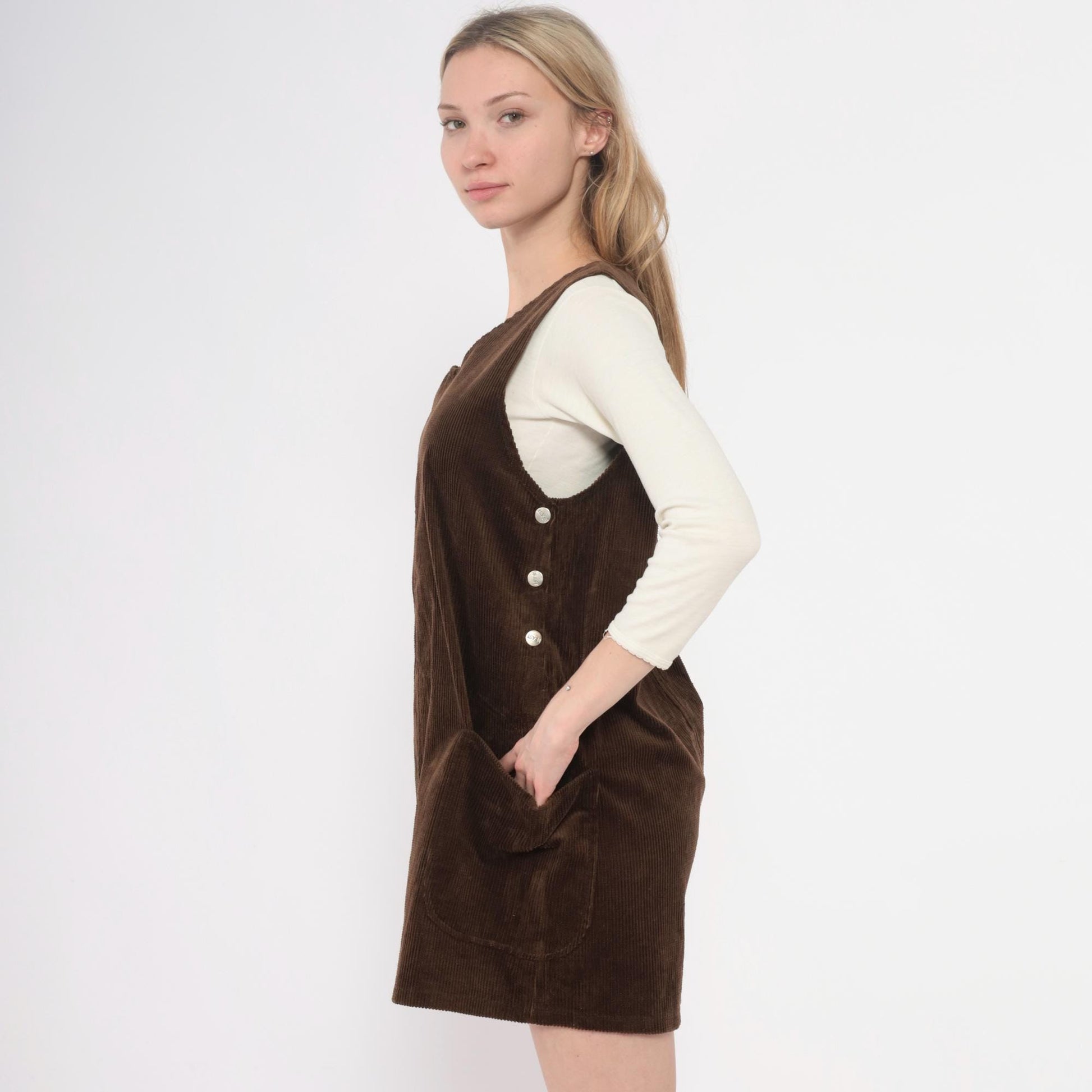 90s Brown Corduroy Jumper Dress Sleeveless V-Neck Shift Pinafore Small