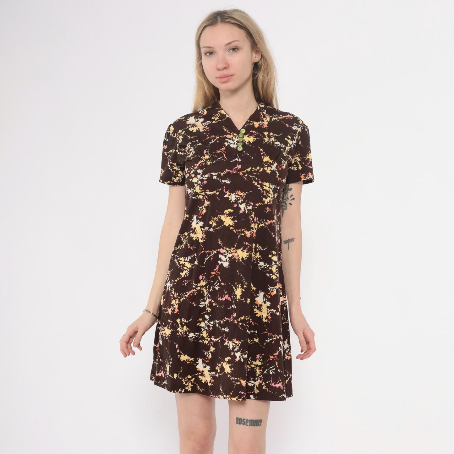 70s Brown Floral Mini Dress Collared Button Front A-Line Short Sleeve Medium M