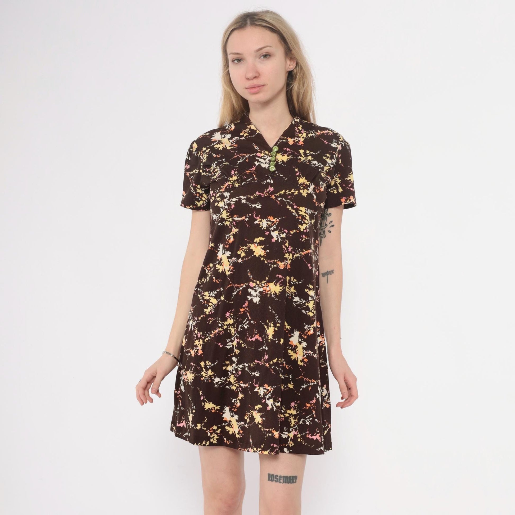 70s Brown Floral Mini Dress Collared Button Front A-Line Short Sleeve Medium M