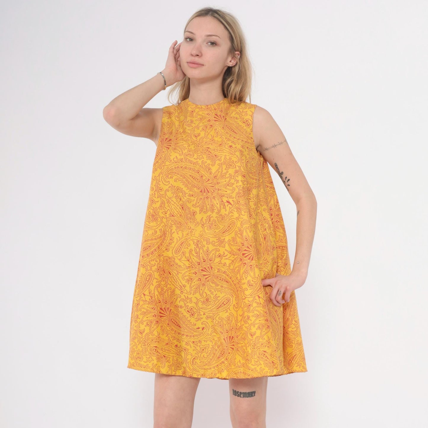 60s Gay Gibson Paisley Shift Dress Yellow Red Sleeveless XS