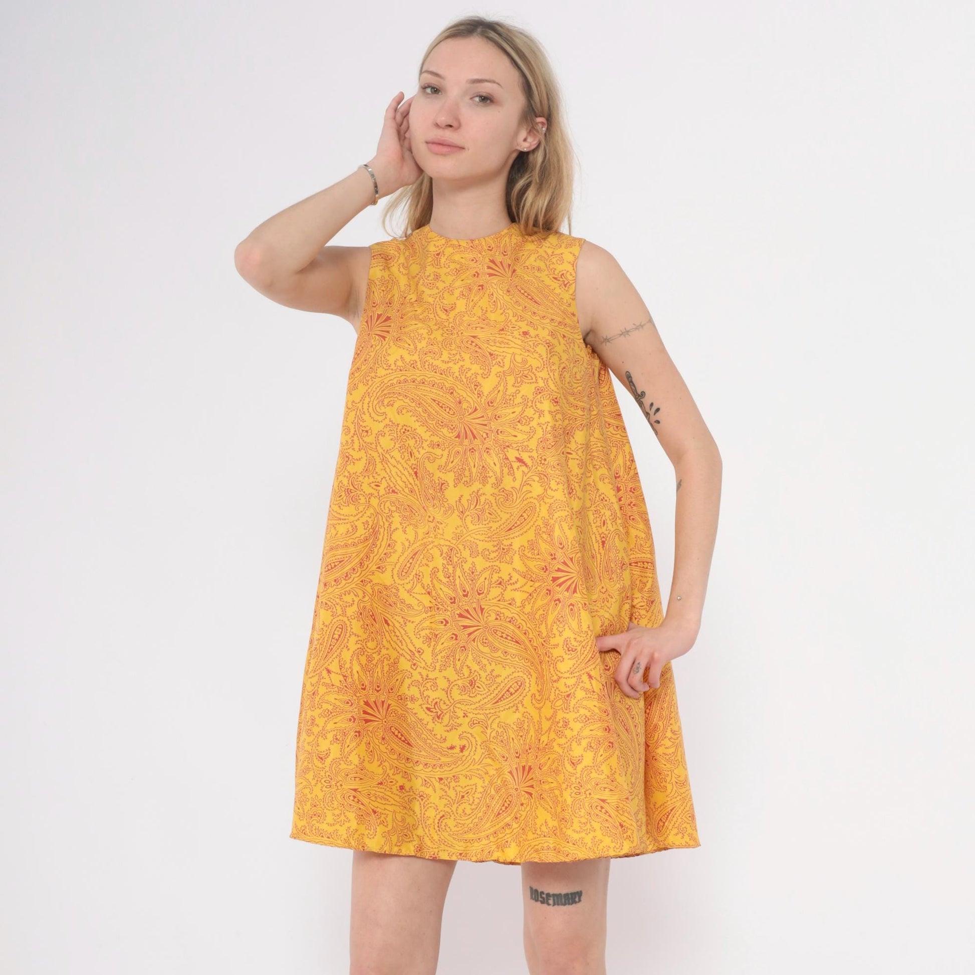 60s Gay Gibson Paisley Shift Dress Yellow Red Sleeveless XS