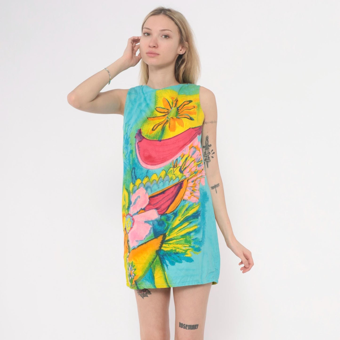 60s Psychedelic Floral Mini Dress Shift Sleeveless Cotton Turquoise Small