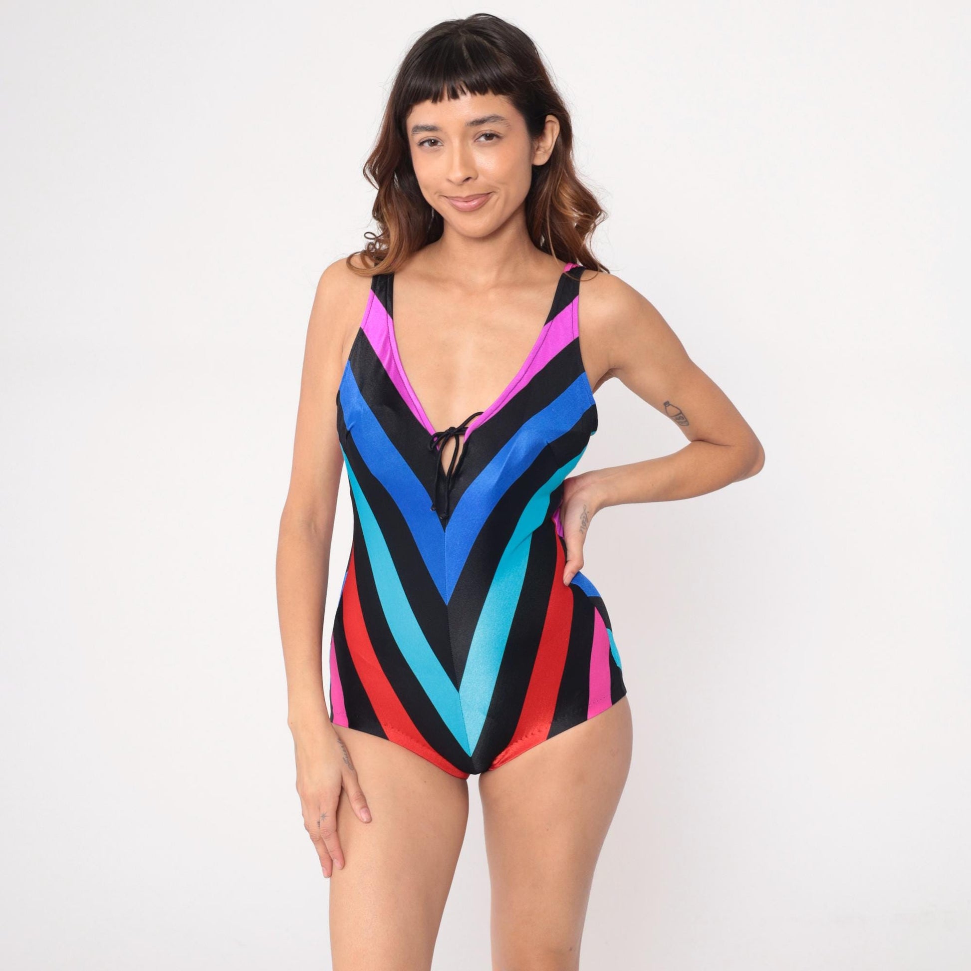 80s Cole of California Chevron Stripe One-Piece Swimsuit Black Rainbow Medium