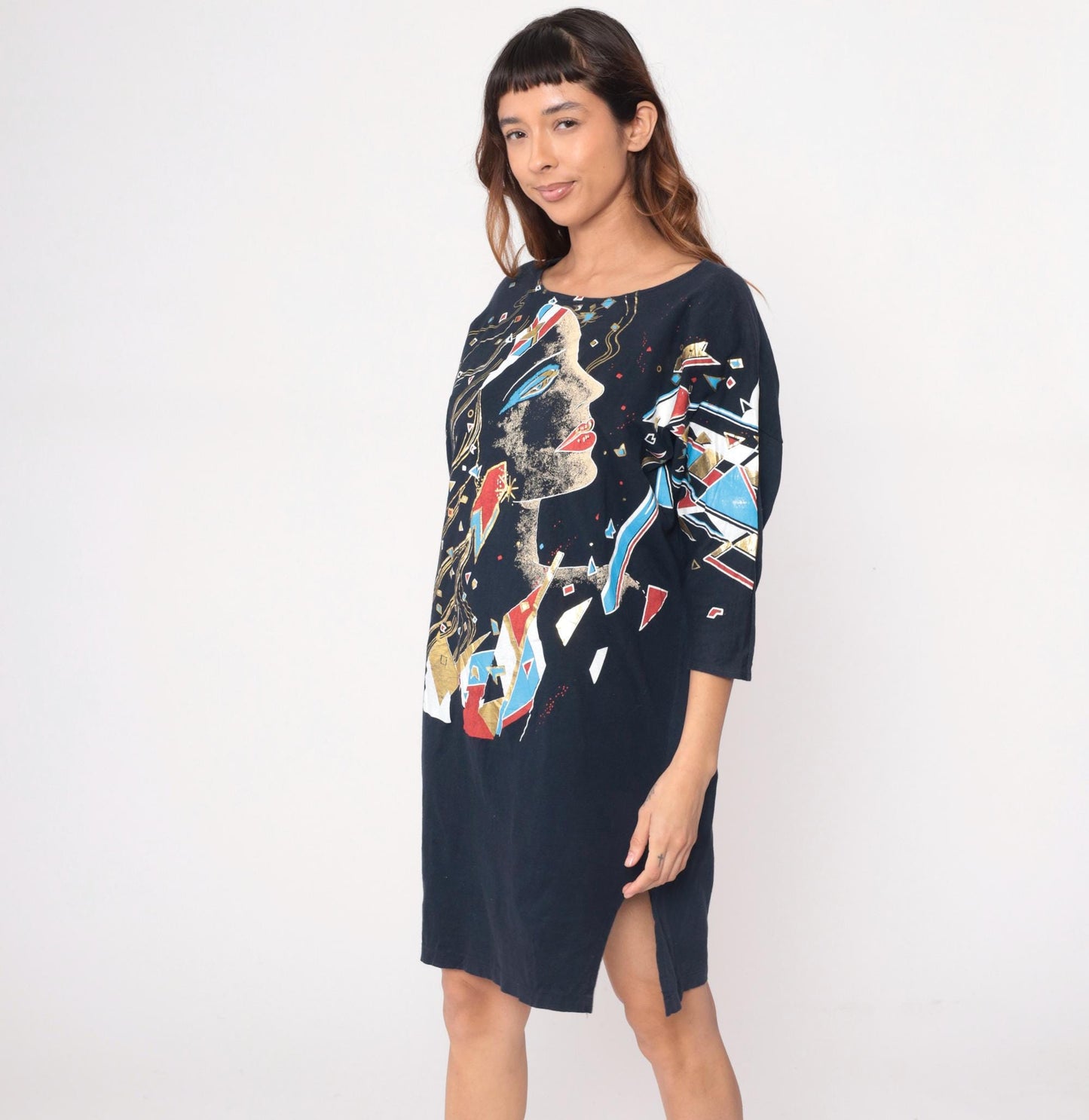 90s Abstract Face Graphic Shift Dress Black Cotton Knee-Length Medium M