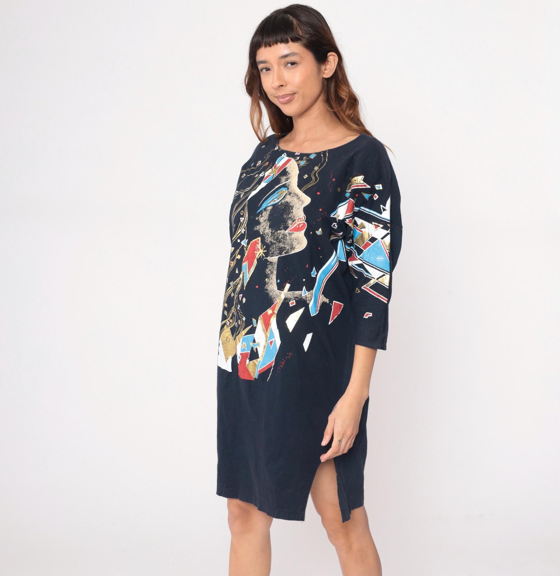 90s Abstract Face Graphic Shift Dress Black Cotton Knee-Length Medium M