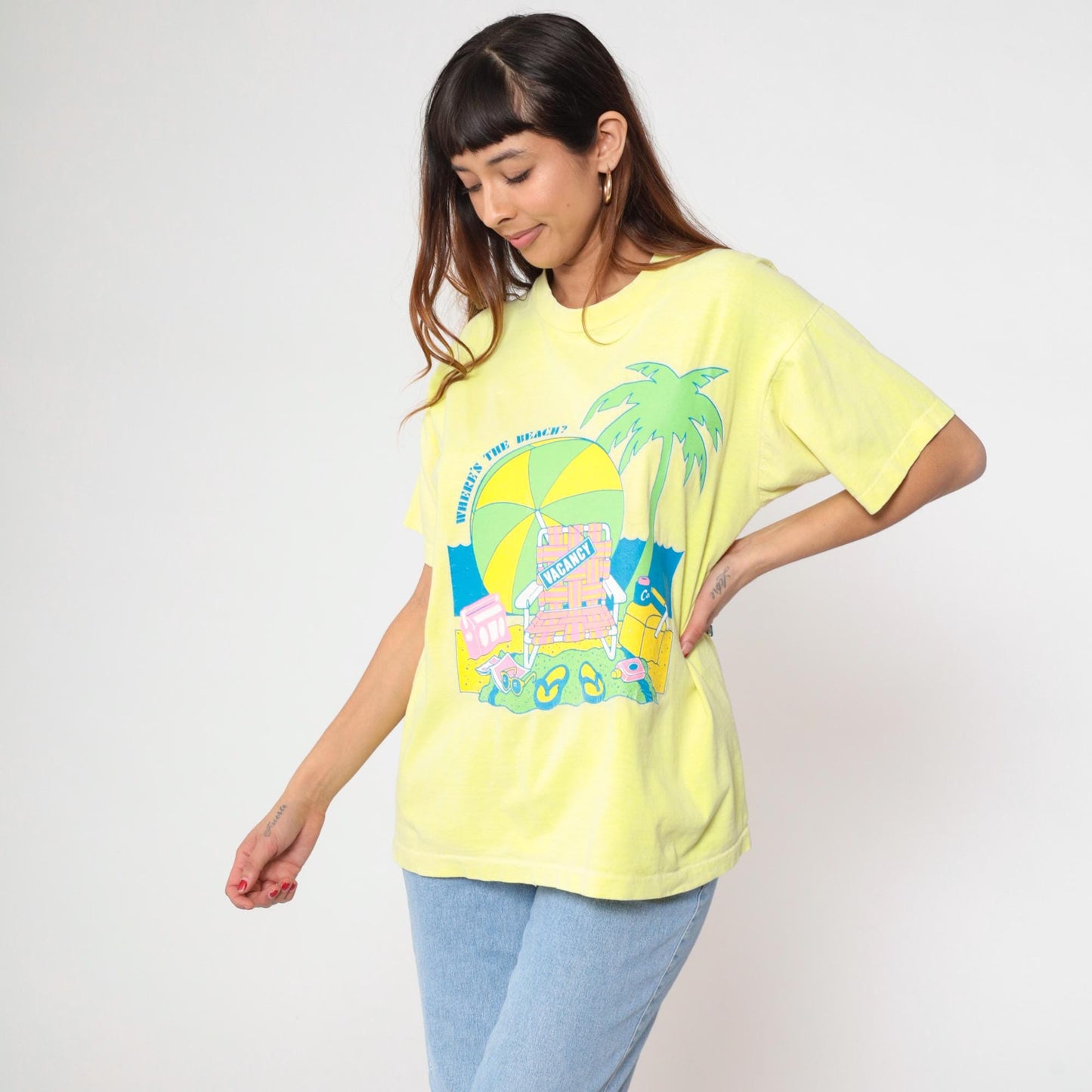 90s Fruit of the Loom Yellow Beach Graphic T-Shirt Where's The Beach Extra Large XL