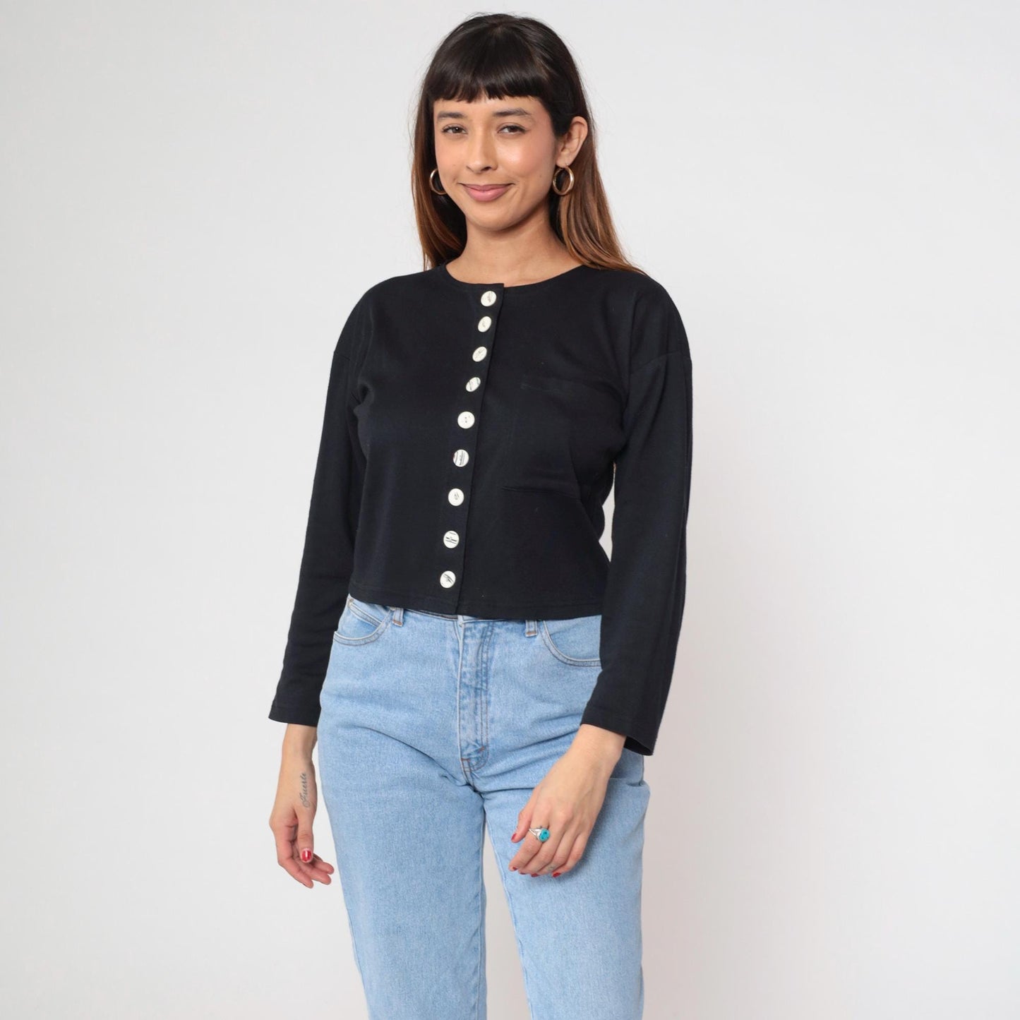 90s Adrenaline Black Cropped Cardigan White Buttons Crew Neck Medium M