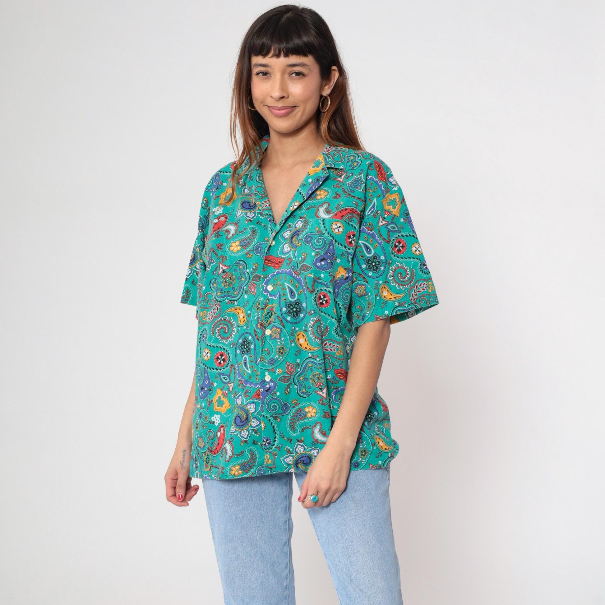 90s Hub Frankel Turquoise Paisley Button-Up Shirt Short Sleeve Large L