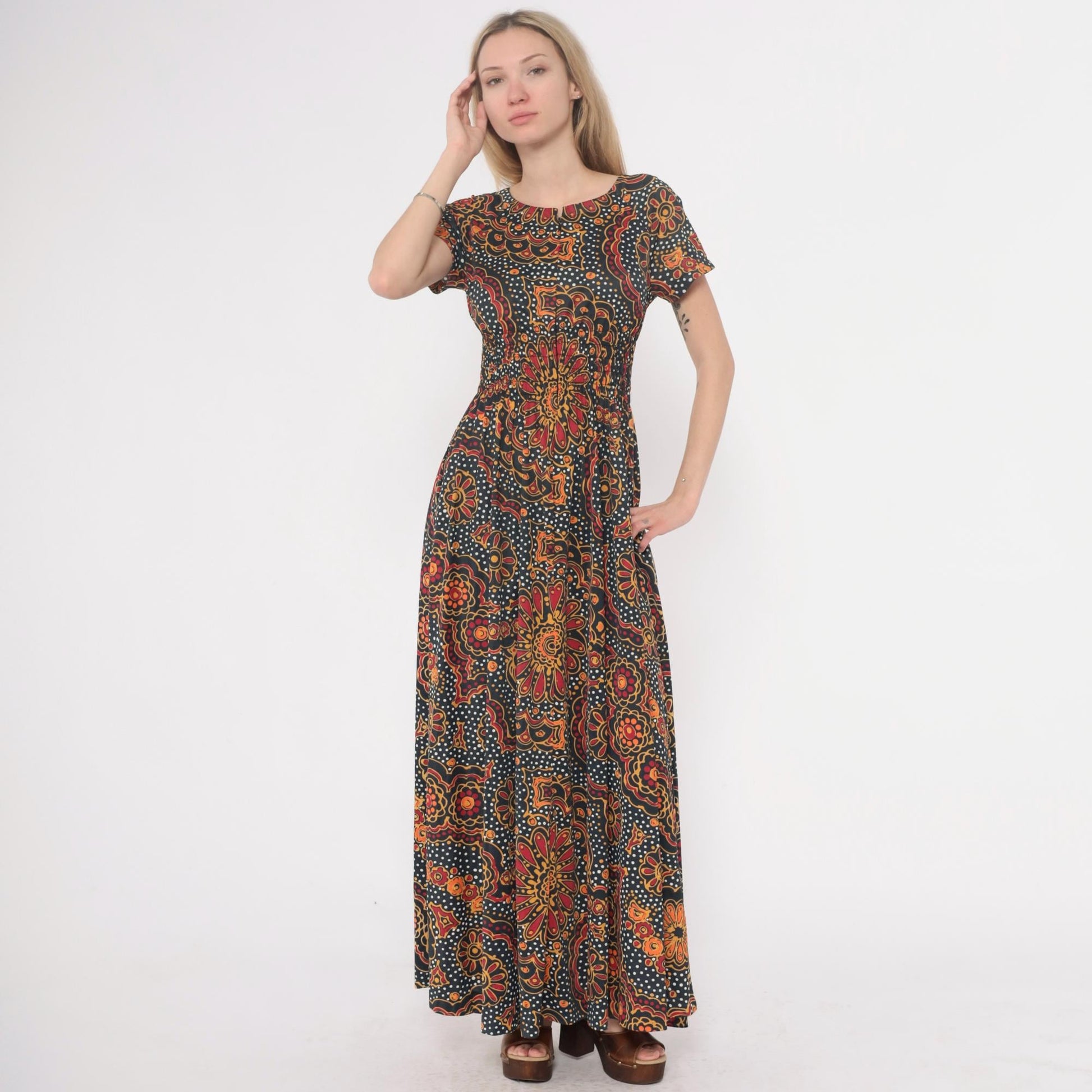 70s Psychedelic Maxi Dress Paisley Floral Navy Orange Red Yellow Small