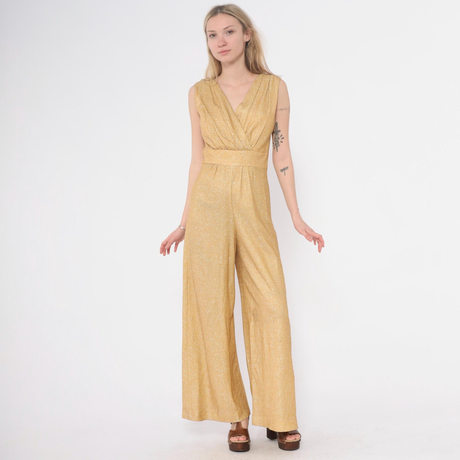 70s Gold Metallic Jumpsuit Sleeveless V-Neck Wide Leg Spiegel Small