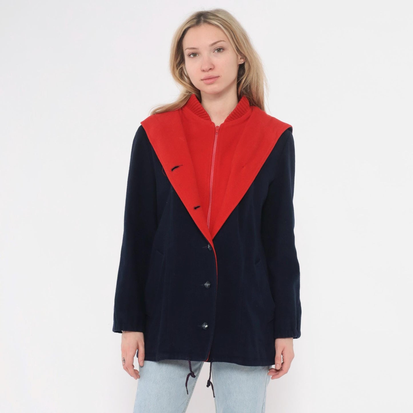 70s Mackintosh Wool Hooded Toggle Coat Navy Red Colour Block Medium