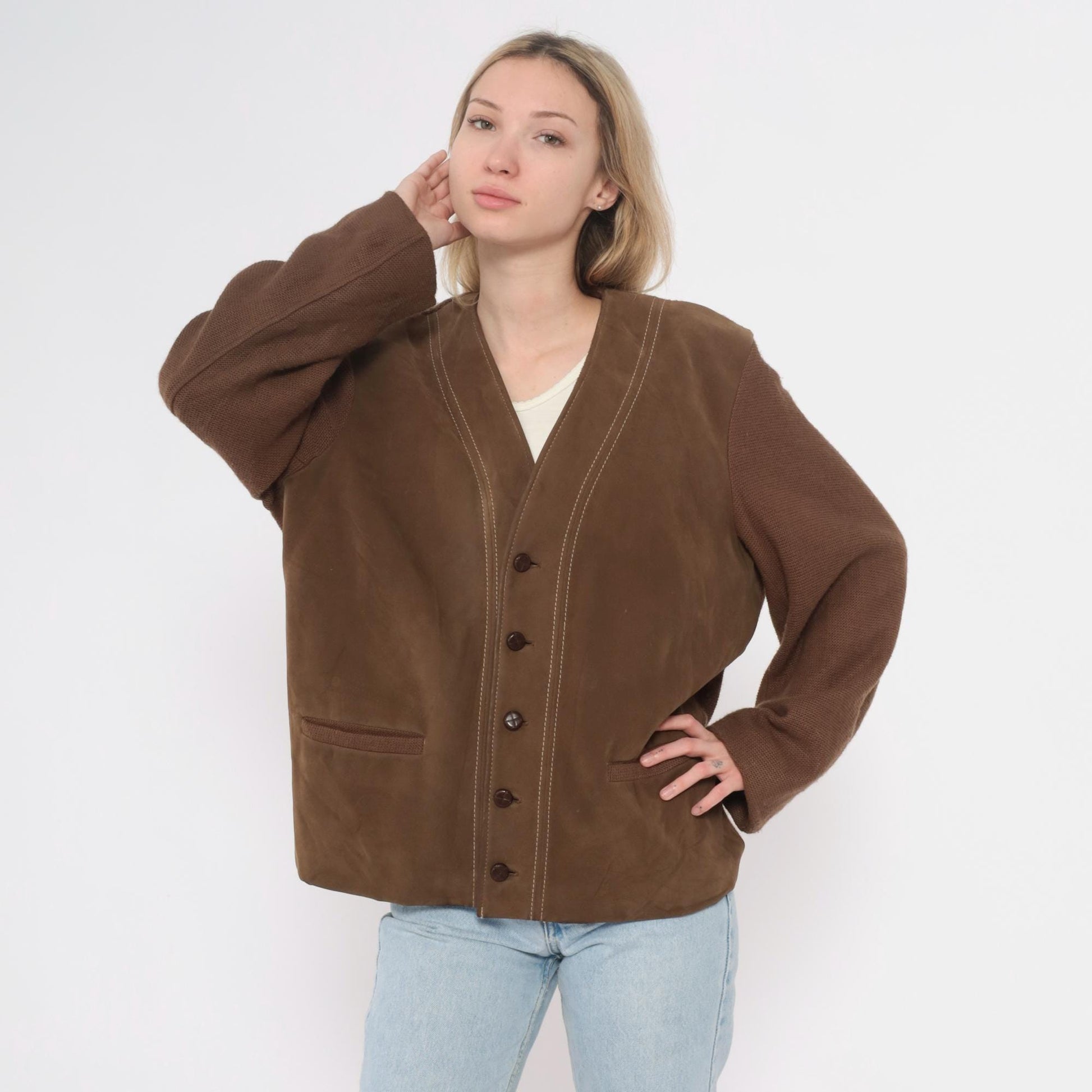 70s Brad Whitney Brown Wool Cardigan V-Neck Button Front Large L