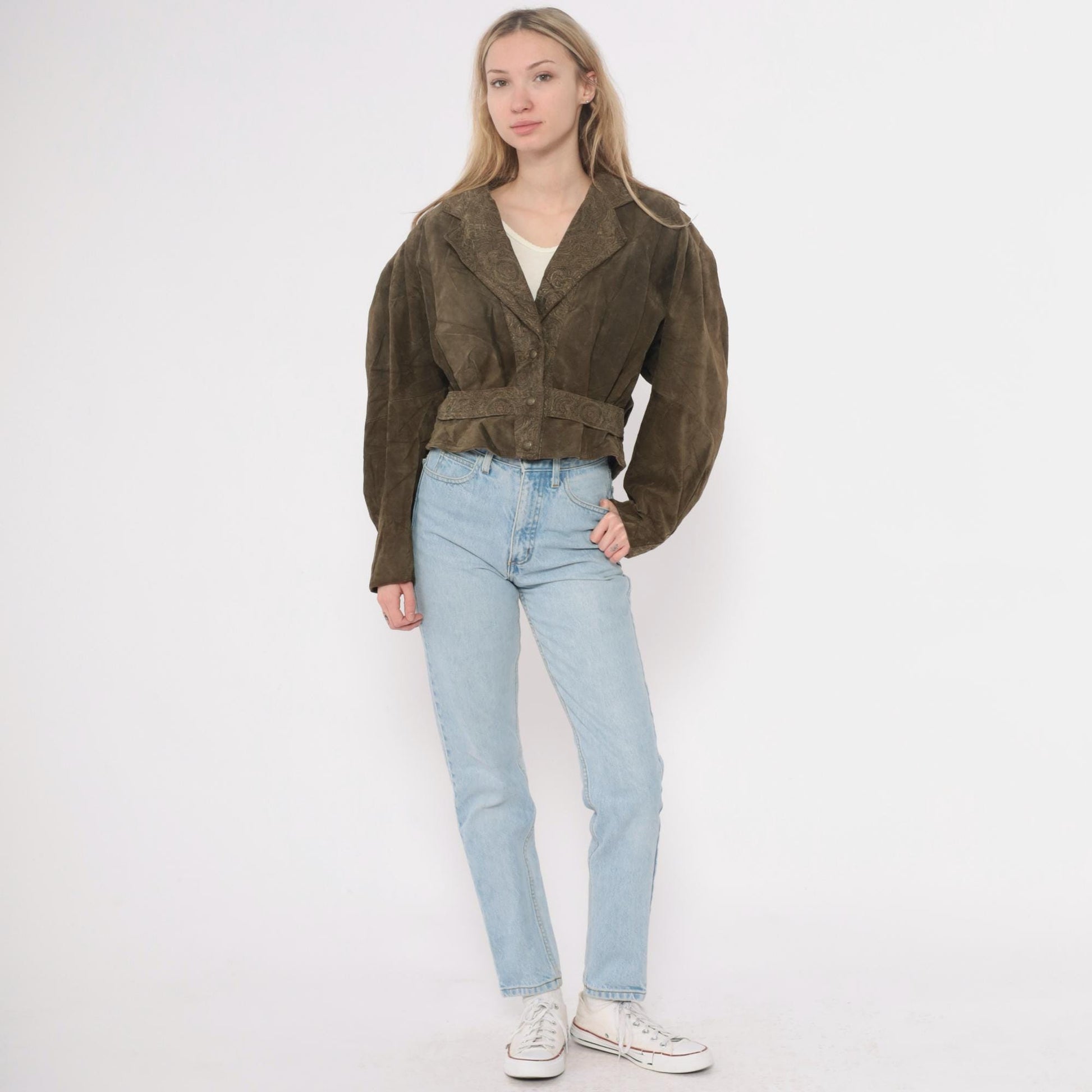 90s Olive Brown Leather Jacket Paisley Embossed Belted Cropped Small