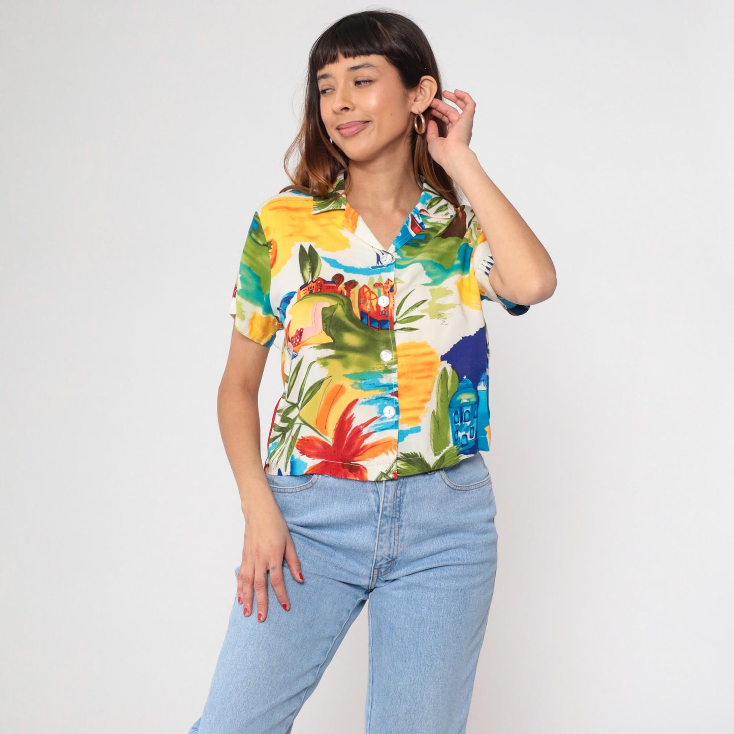 90s Tropical Print Button-Up Shirt Palm Trees Sailboats Medium