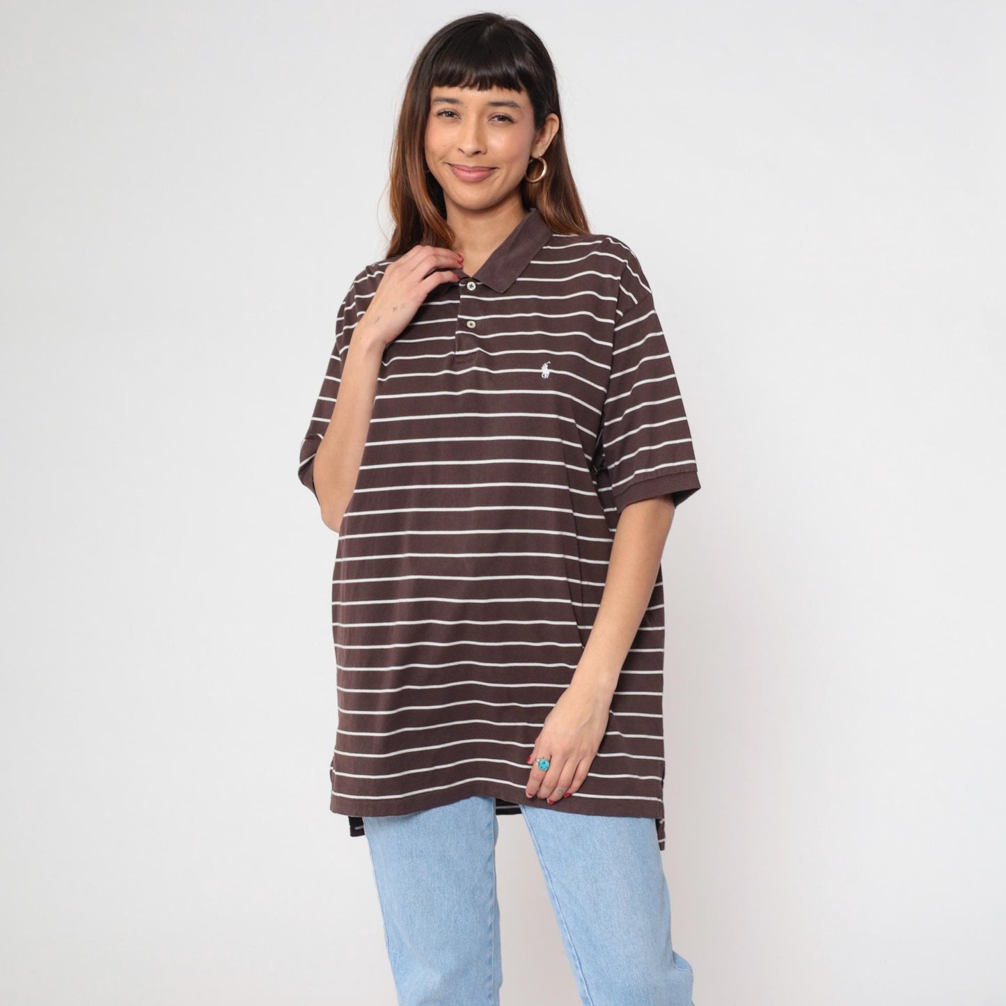 90s Polo Ralph Lauren Striped Polo Shirt Brown White Cotton Extra Large XL
